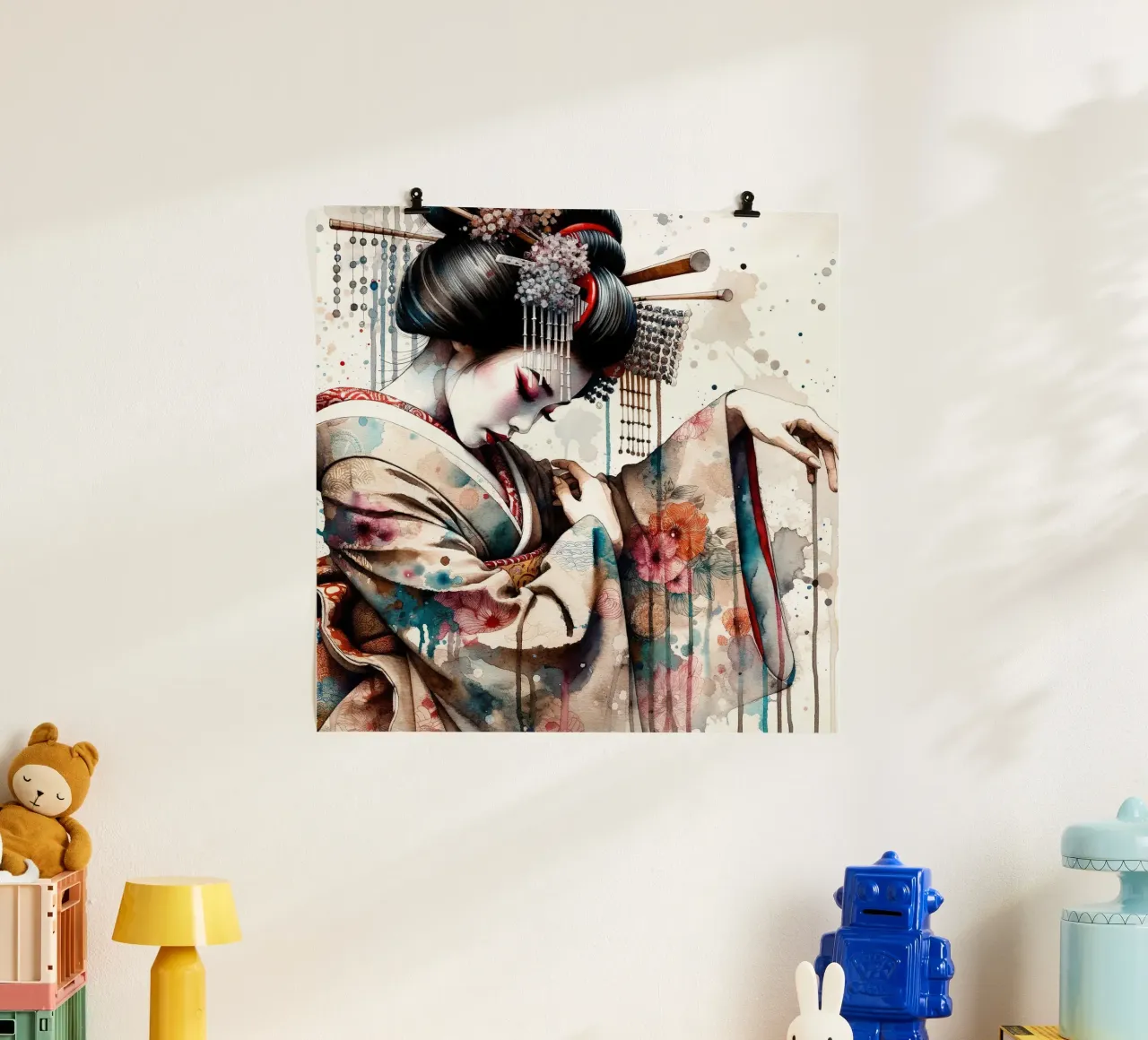 Watercolor Geisha Dancer poster con telaio in plastica da Chromatic Fusion Studio