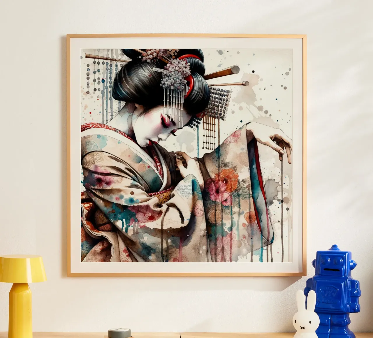 Watercolor Geisha Dancer poster con telaio in plastica da Chromatic Fusion Studio