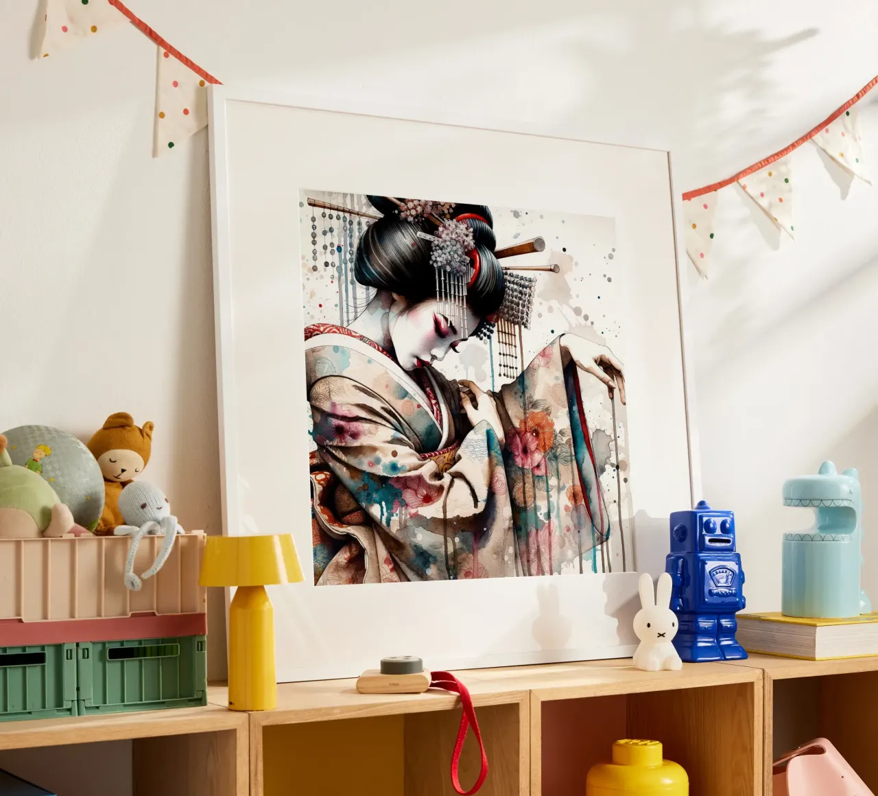 Watercolor Geisha Dancer poster con telaio in plastica da Chromatic Fusion Studio