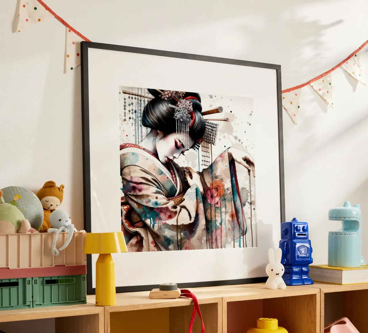 Watercolor Geisha Dancer poster con telaio in plastica da Chromatic Fusion Studio