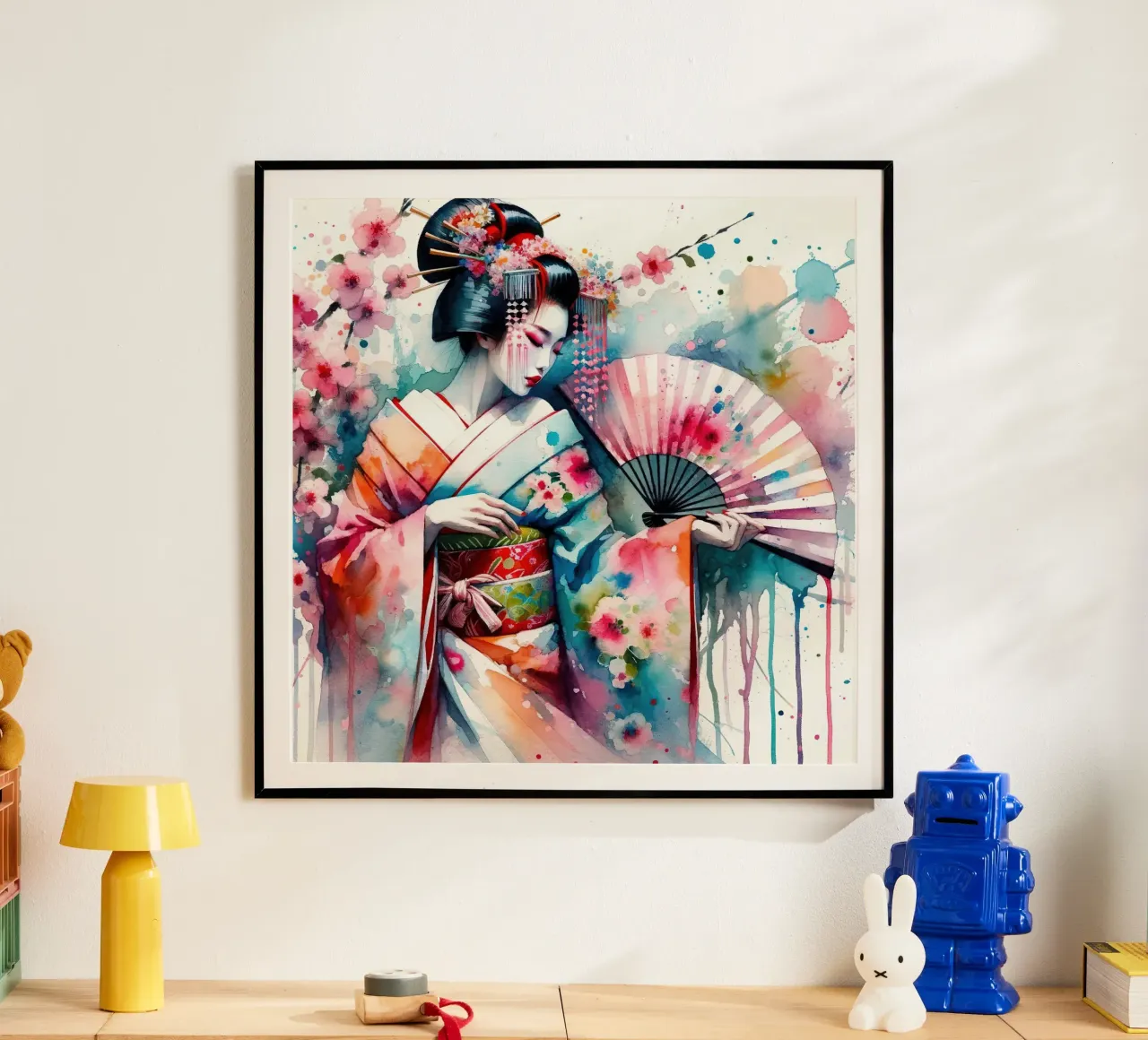 Watercolor Geisha Dancer poster con telaio in alluminio da Chromatic Fusion Studio
