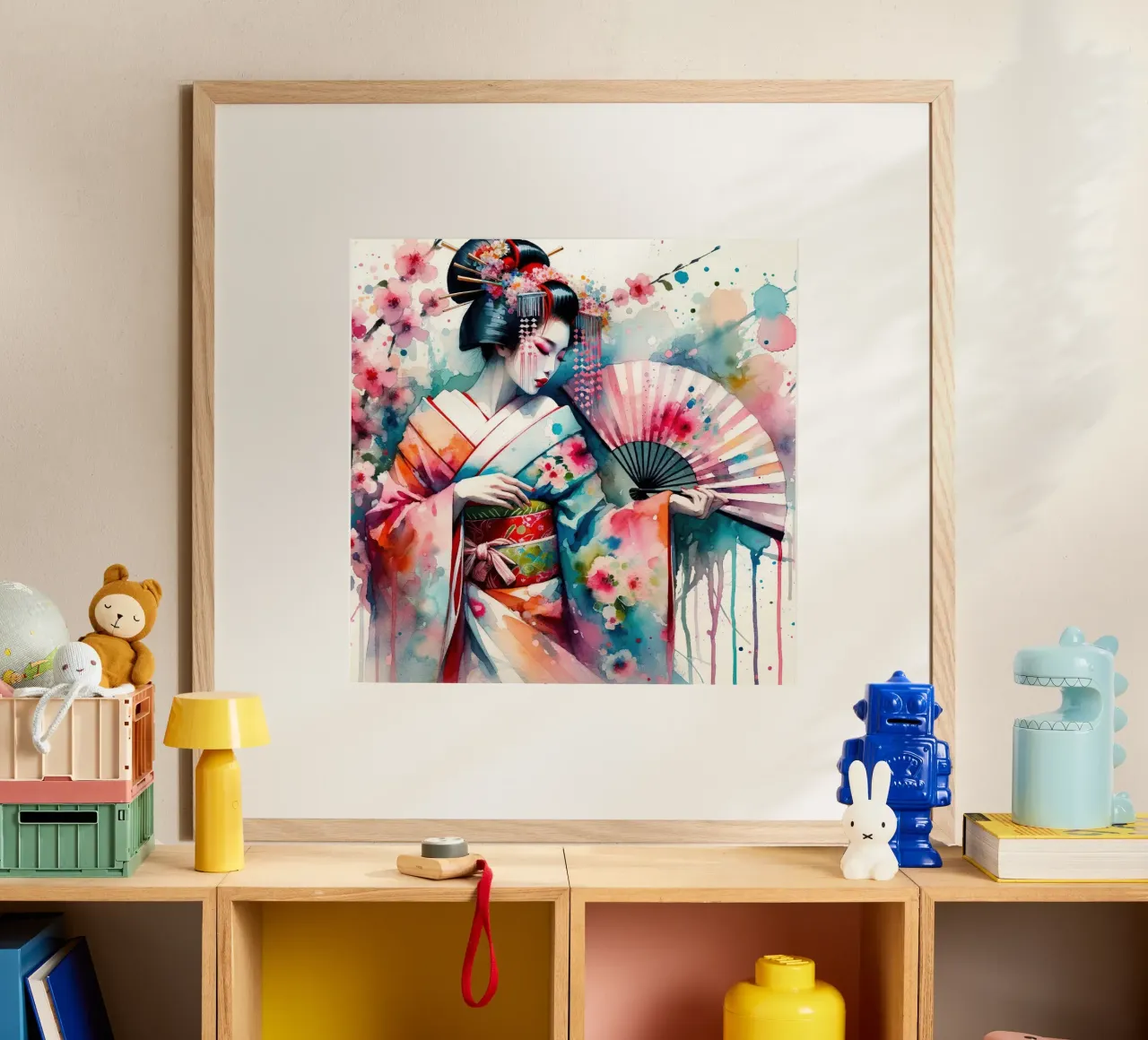 Watercolor Geisha Dancer poster con telaio in alluminio da Chromatic Fusion Studio