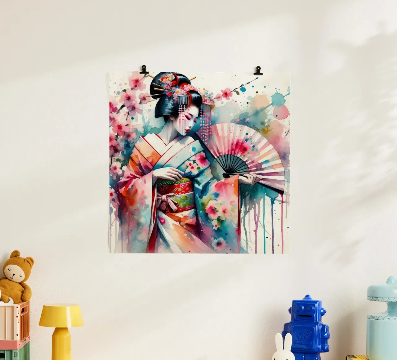 Watercolor Geisha Dancer poster con telaio in alluminio da Chromatic Fusion Studio