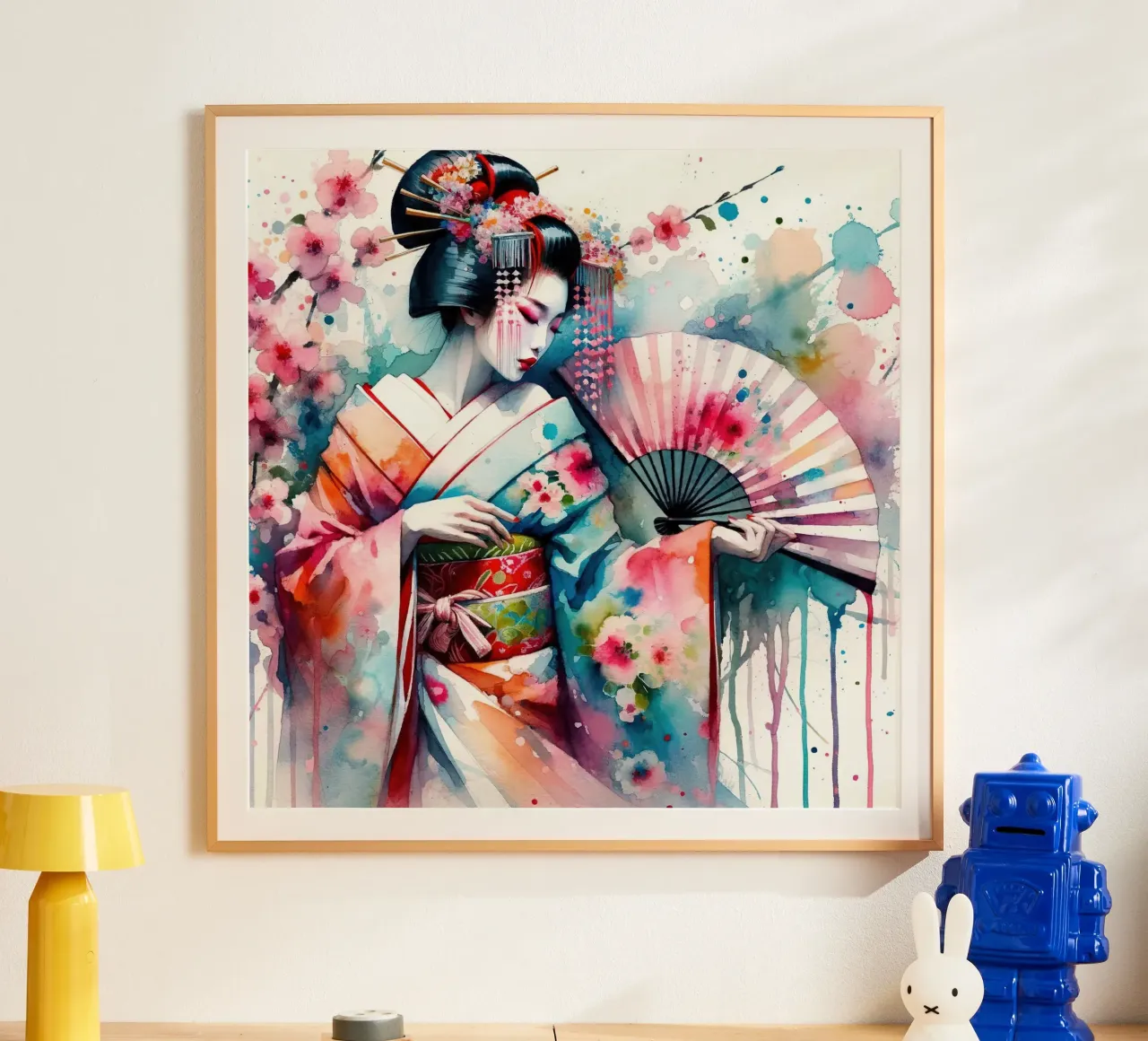 Watercolor Geisha Dancer poster con telaio in alluminio da Chromatic Fusion Studio