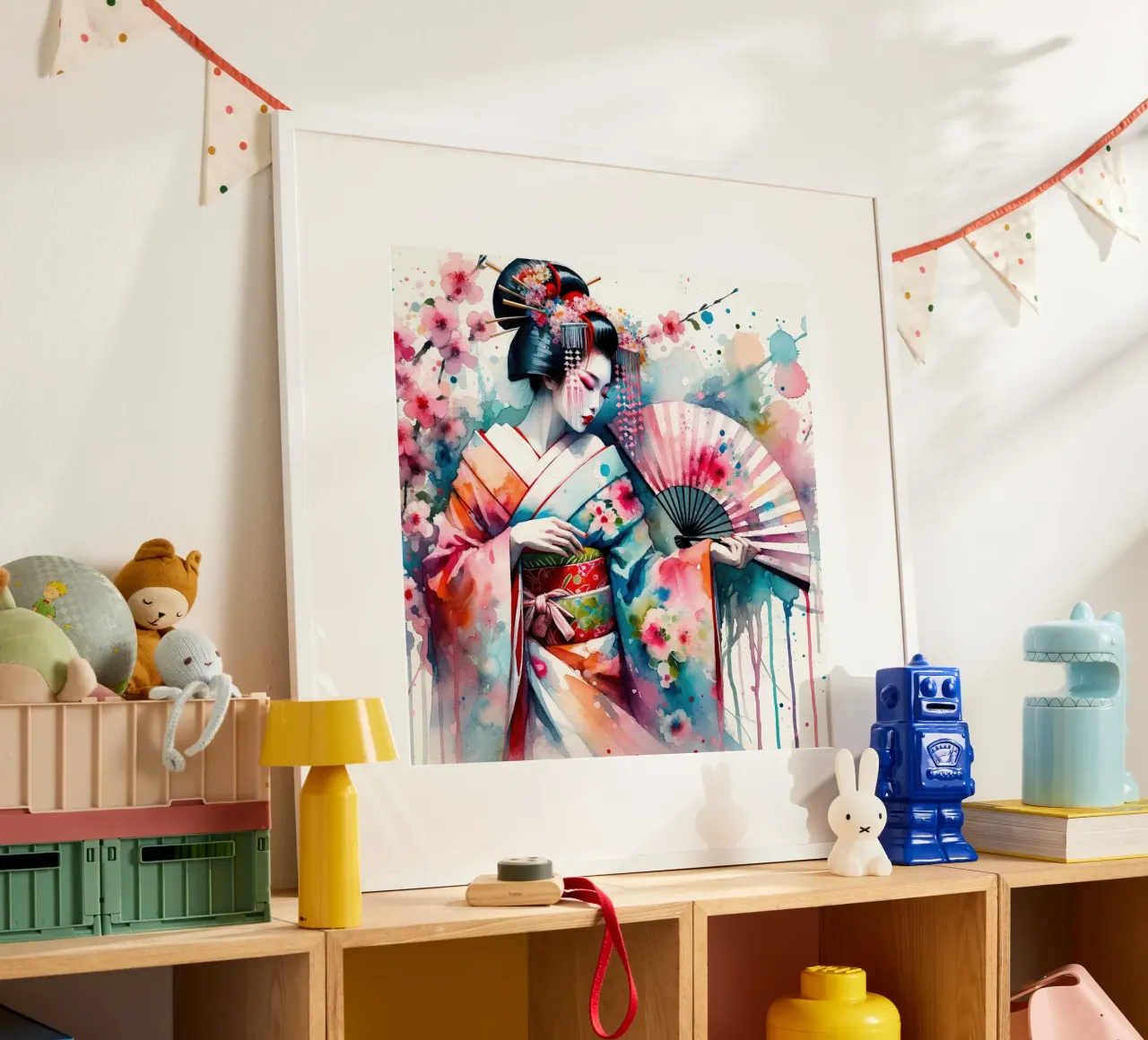 Watercolor Geisha Dancer poster con telaio in alluminio da Chromatic Fusion Studio