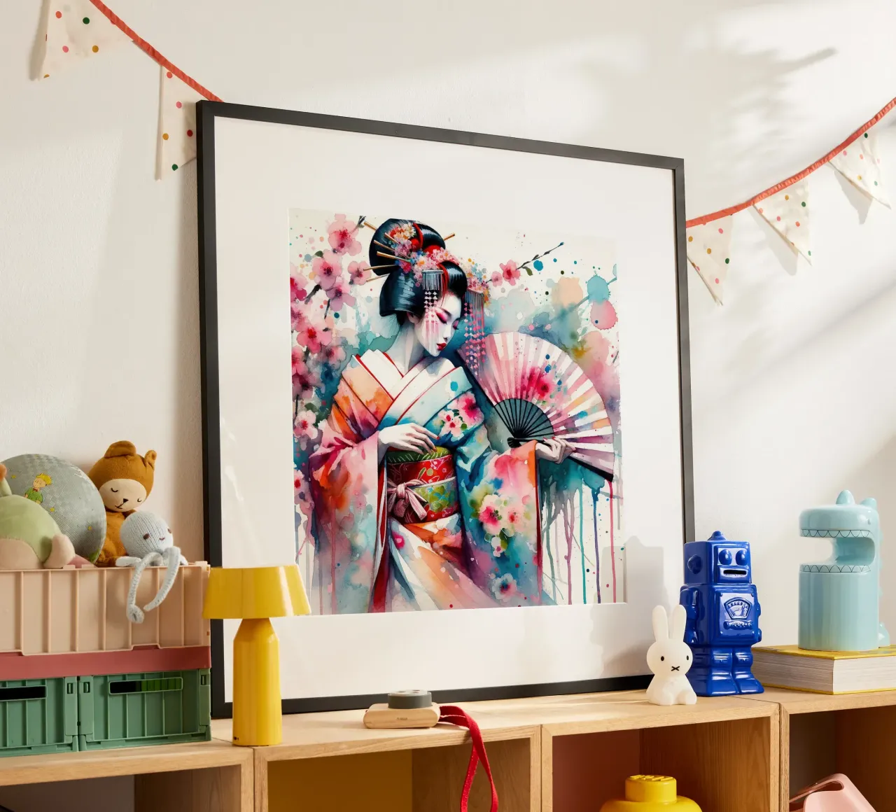 Watercolor Geisha Dancer poster con telaio in alluminio da Chromatic Fusion Studio
