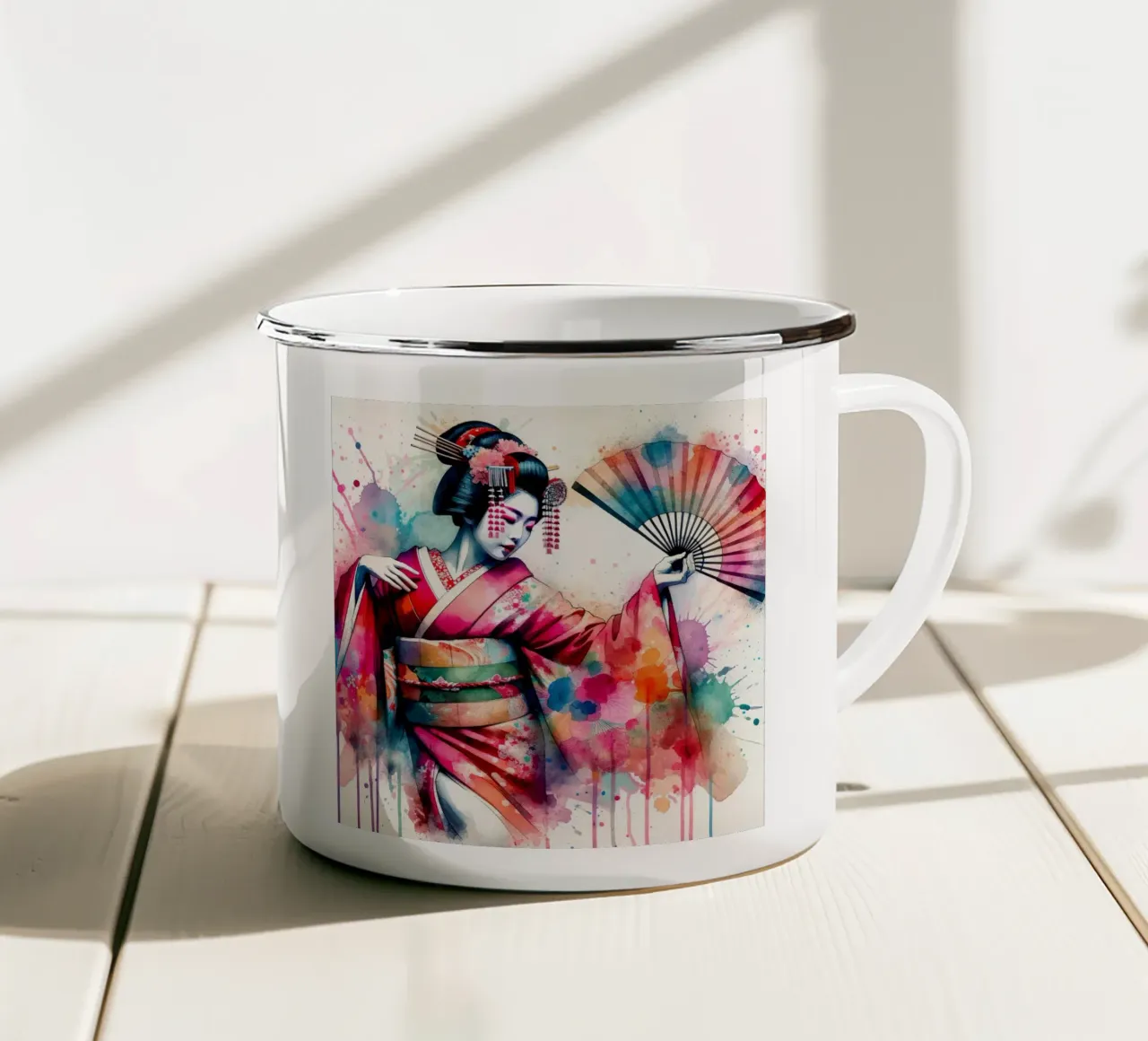 Watercolor Geisha Dancer tazza in smalto da Chromatic Fusion Studio