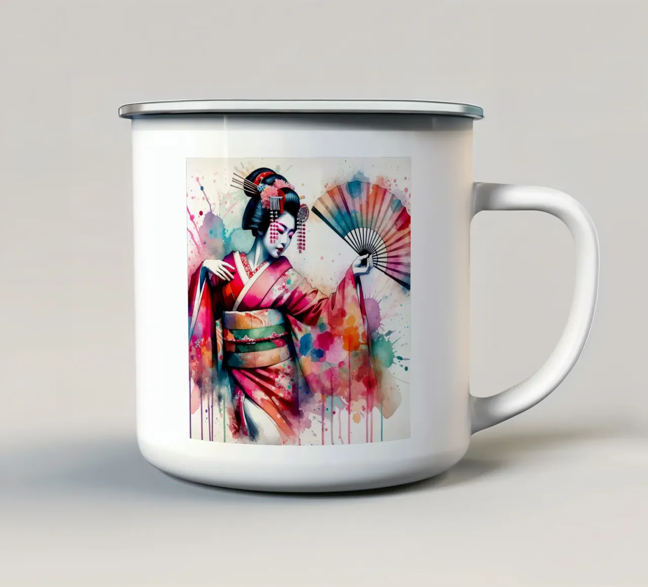 Watercolor Geisha Dancer tazza in smalto da Chromatic Fusion Studio