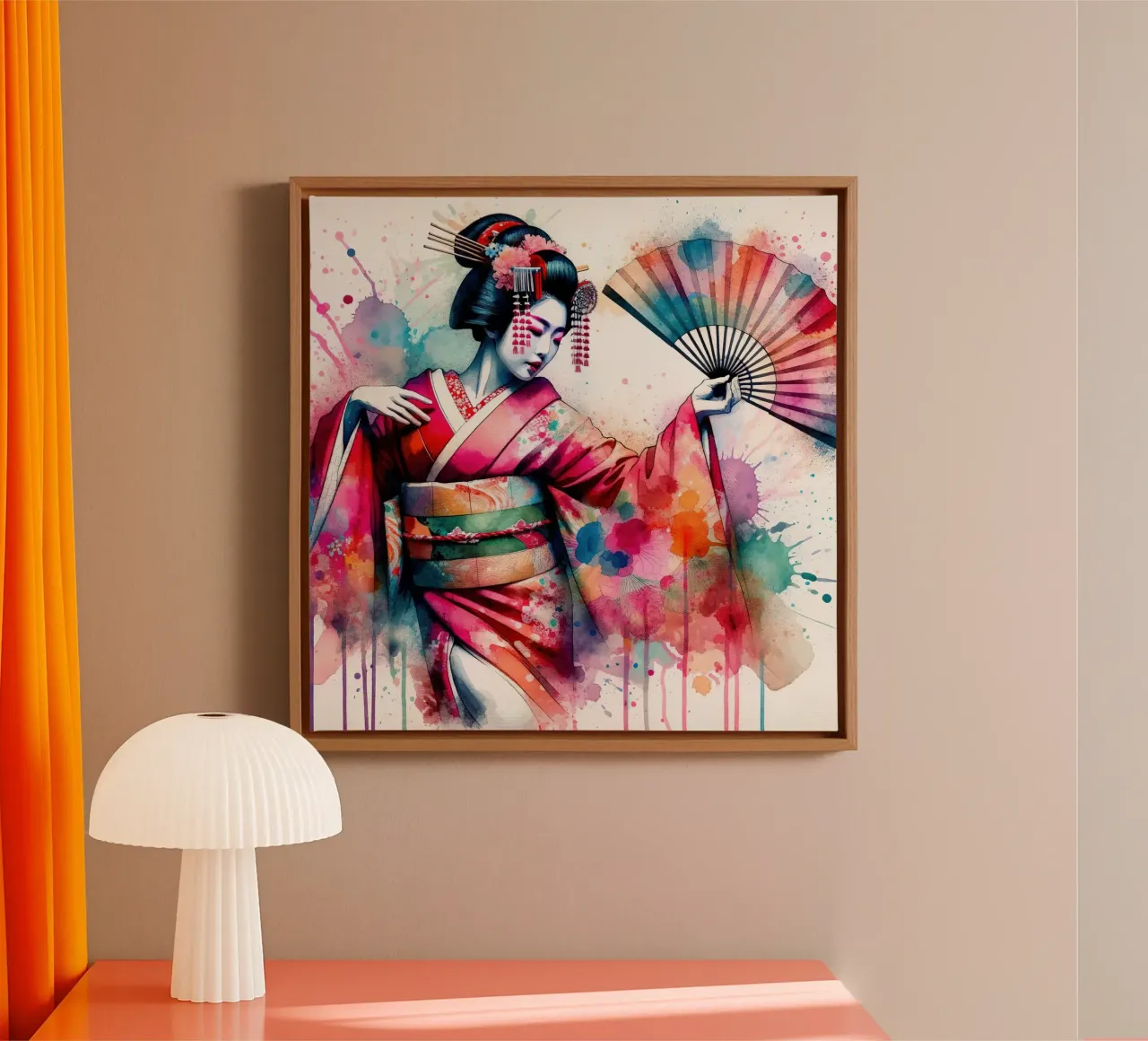 Aquarel Geisha Danseres canvas met Baklijst van Chromatic Fusion Studio