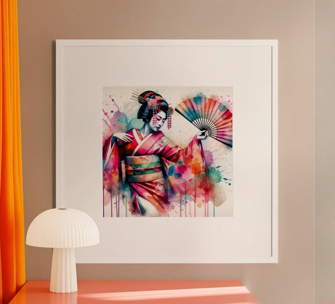 Watercolor Geisha Dancer poster con telaio in plastica da Chromatic Fusion Studio