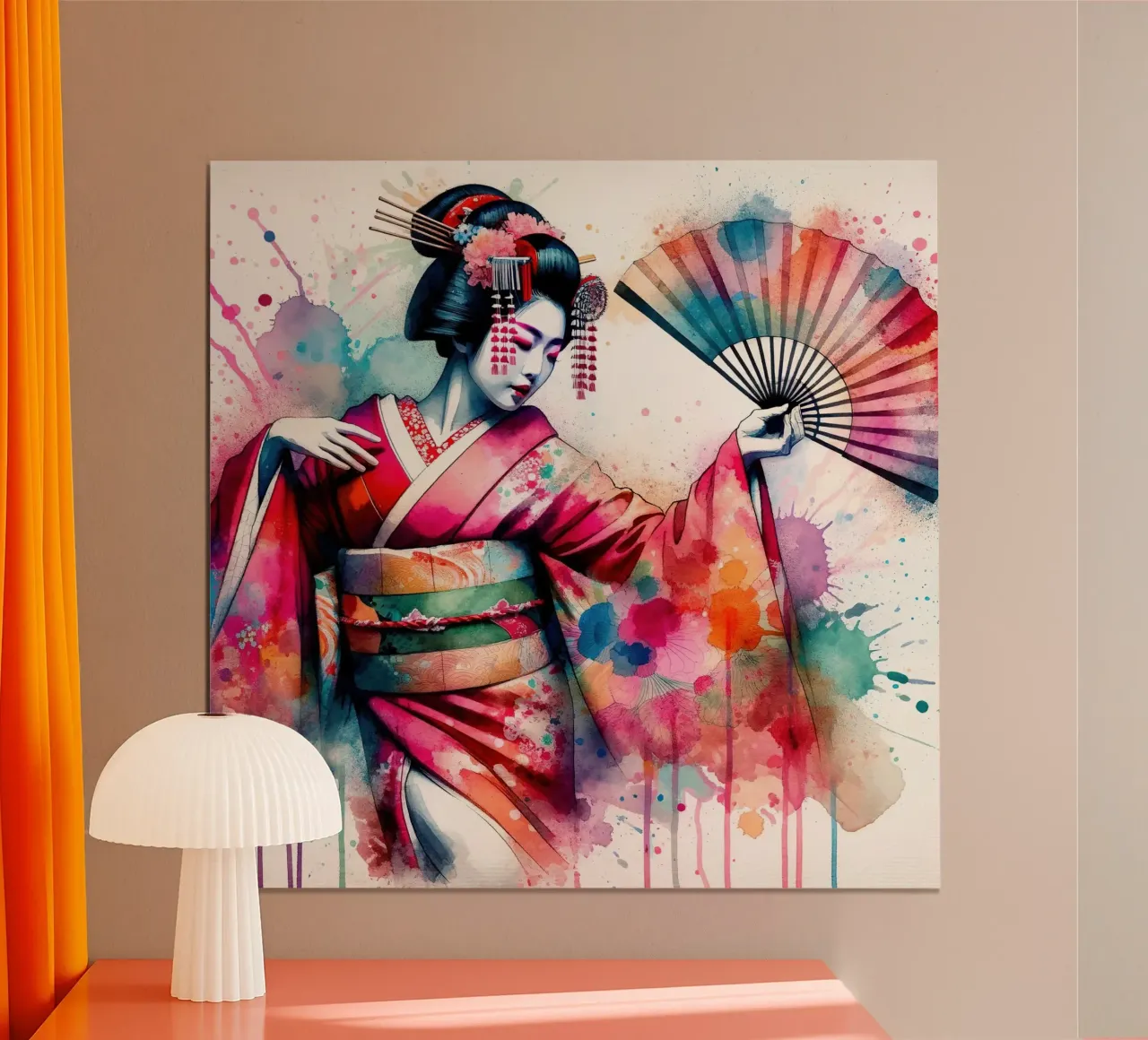 Watercolor Geisha Dancer poster con telaio in plastica da Chromatic Fusion Studio