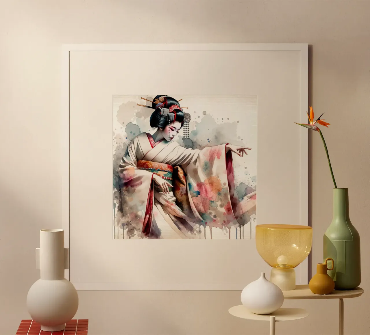 Watercolor Geisha Dancer poster con telaio in legno da Chromatic Fusion Studio