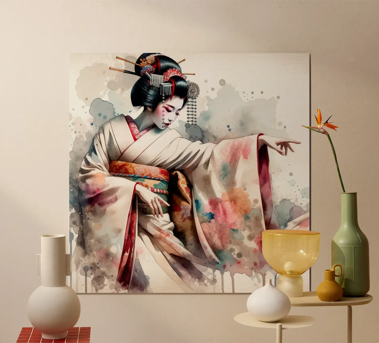 Watercolor Geisha Dancer poster con telaio in legno da Chromatic Fusion Studio