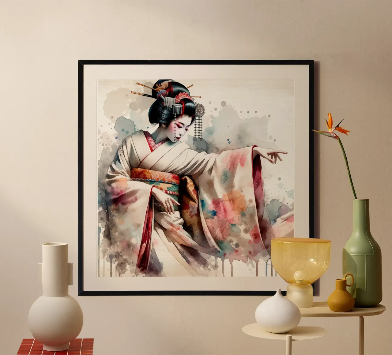Watercolor Geisha Dancer poster con telaio in legno da Chromatic Fusion Studio