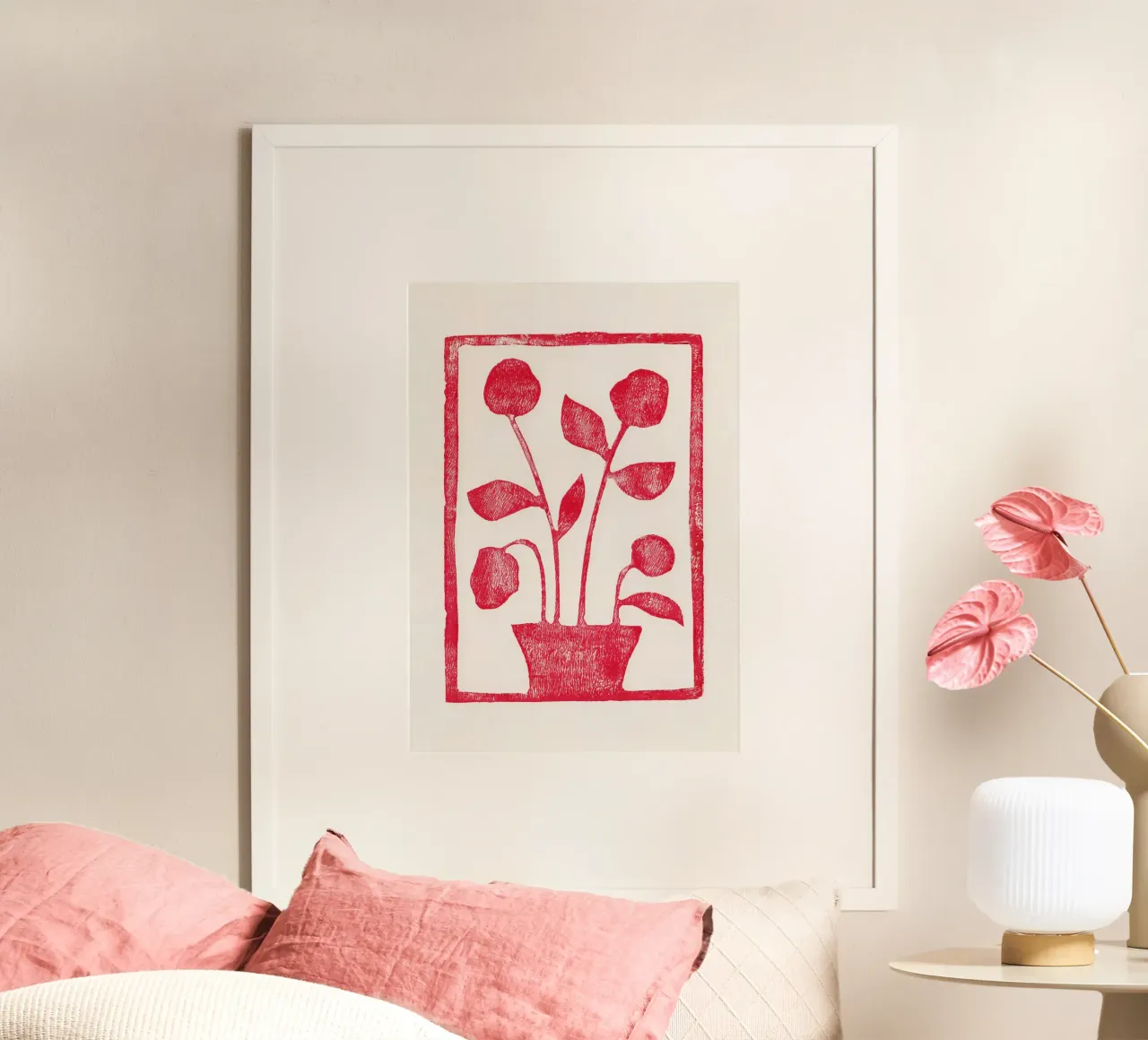 Rose rosse / Lino Print poster con telaio in legno da Alisa Galitsyna