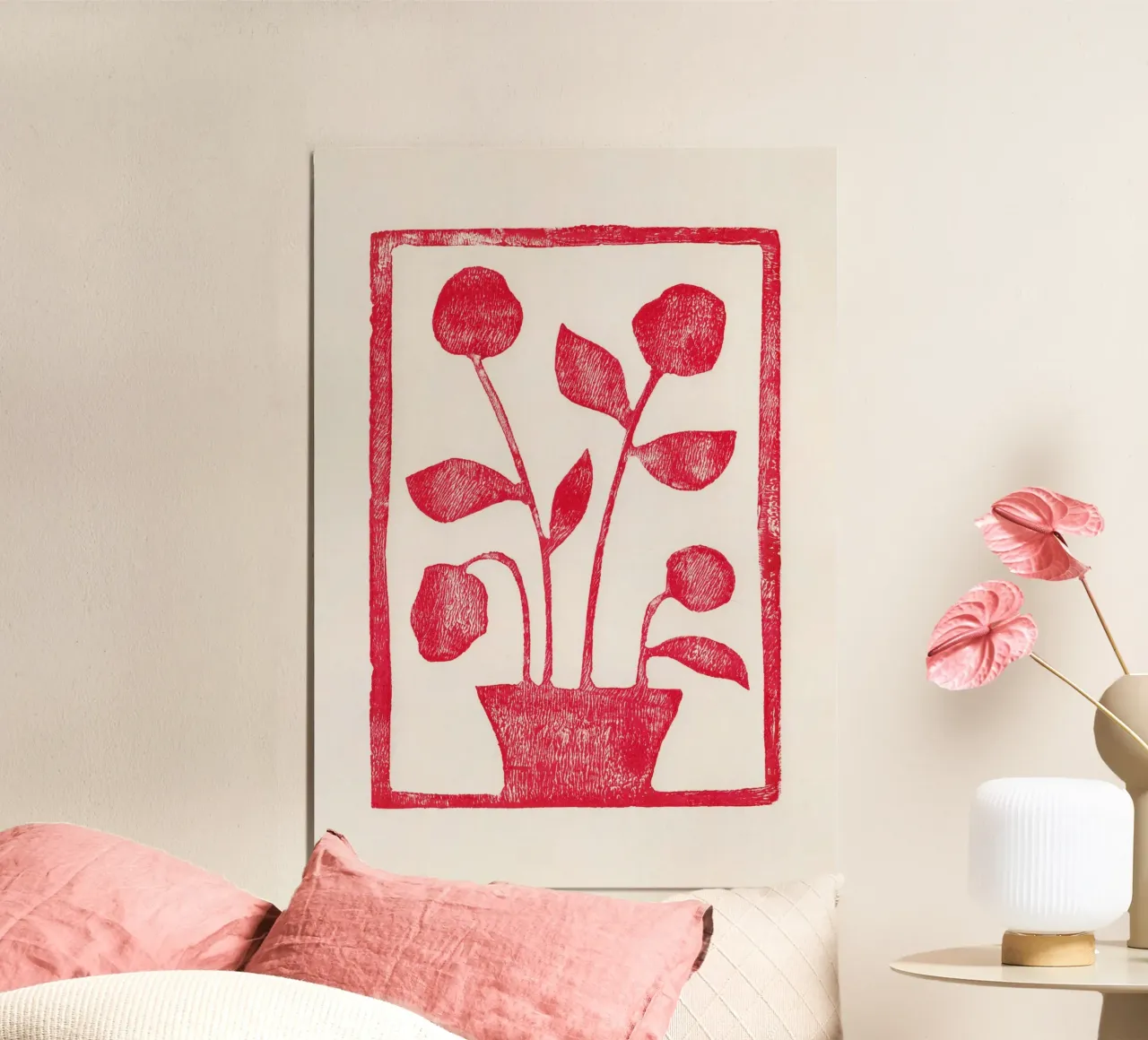 Rose rosse / Lino Print poster con telaio in legno da Alisa Galitsyna