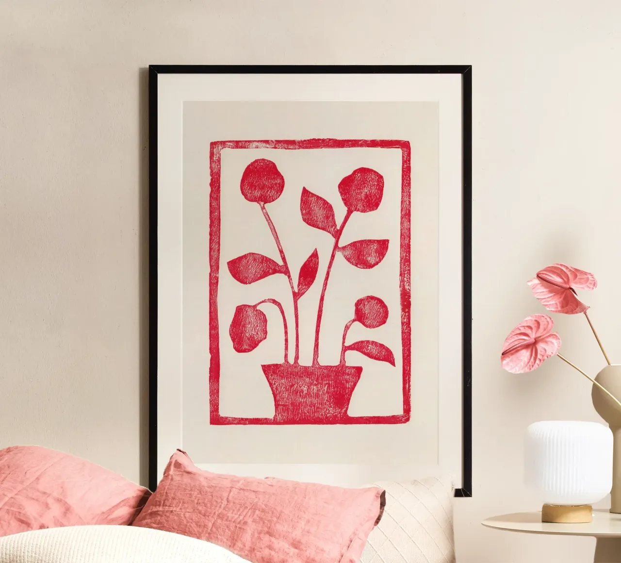 Rose rosse / Lino Print poster con telaio in legno da Alisa Galitsyna