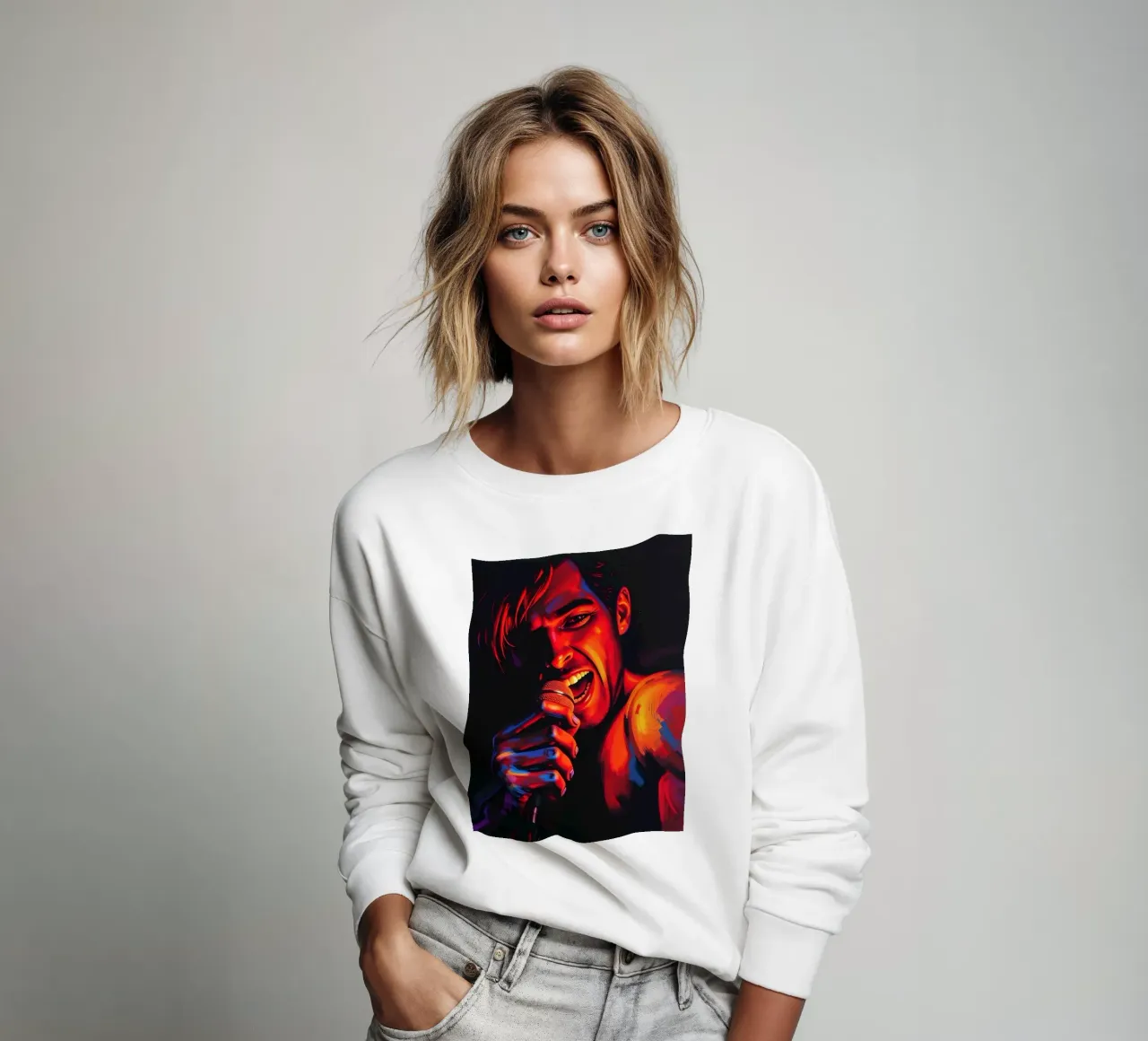 performance d'une chanteuse passionnée, capturée dans une scène intense sweat de DesignDoodle