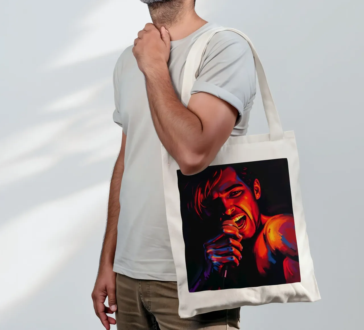 di una cantante appassionata, catturata in un'intensa scena borsa in juta da DesignDoodle