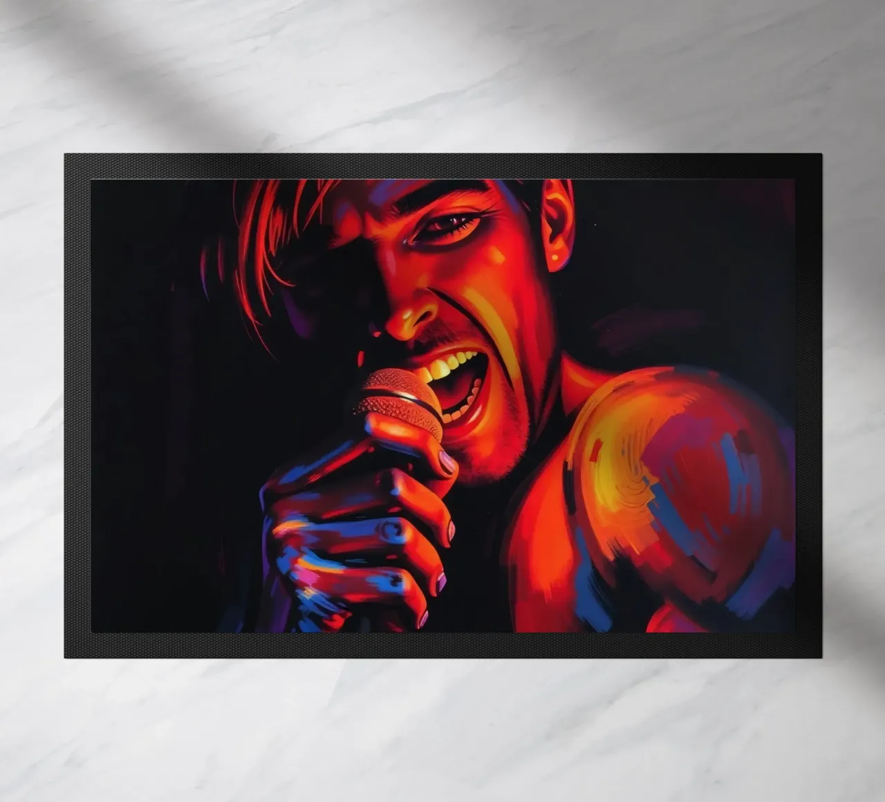 performance d'une chanteuse passionnée, capturée dans une scène intense paillasson de DesignDoodle