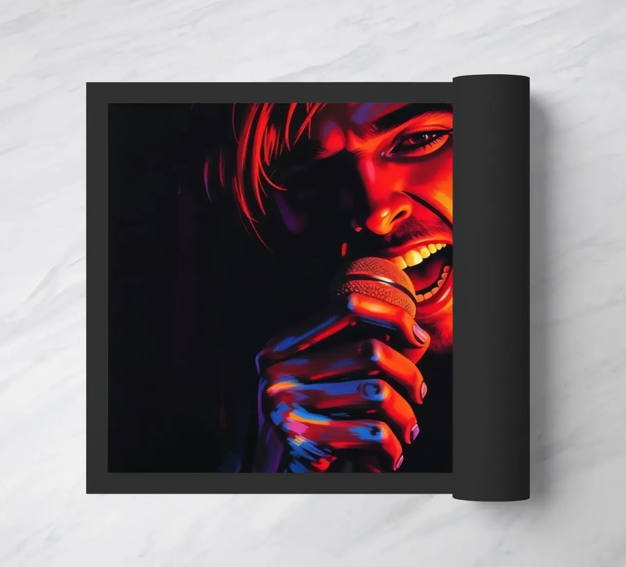 performance d'une chanteuse passionnée, capturée dans une scène intense paillasson de DesignDoodle