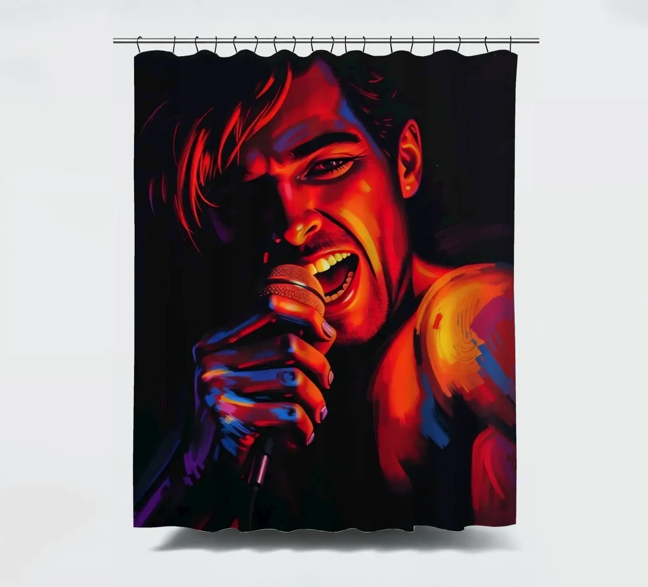 di una cantante appassionata, catturata in un'intensa scena tenda da doccia da DesignDoodle
