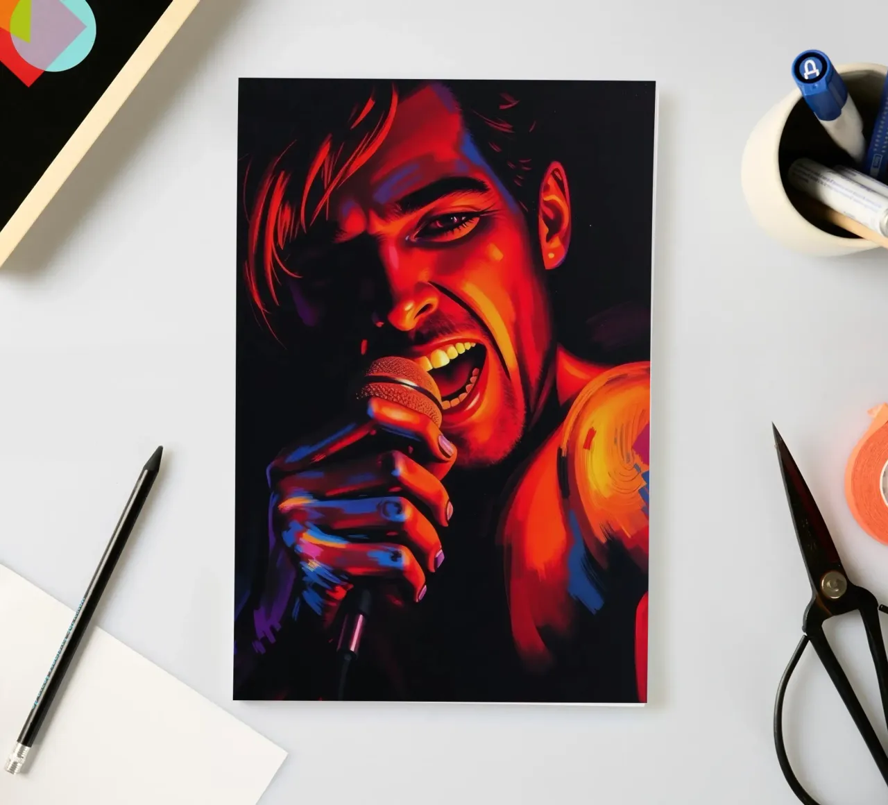 performance d'une chanteuse passionnée, capturée dans une scène intense carnet de notes de DesignDoodle