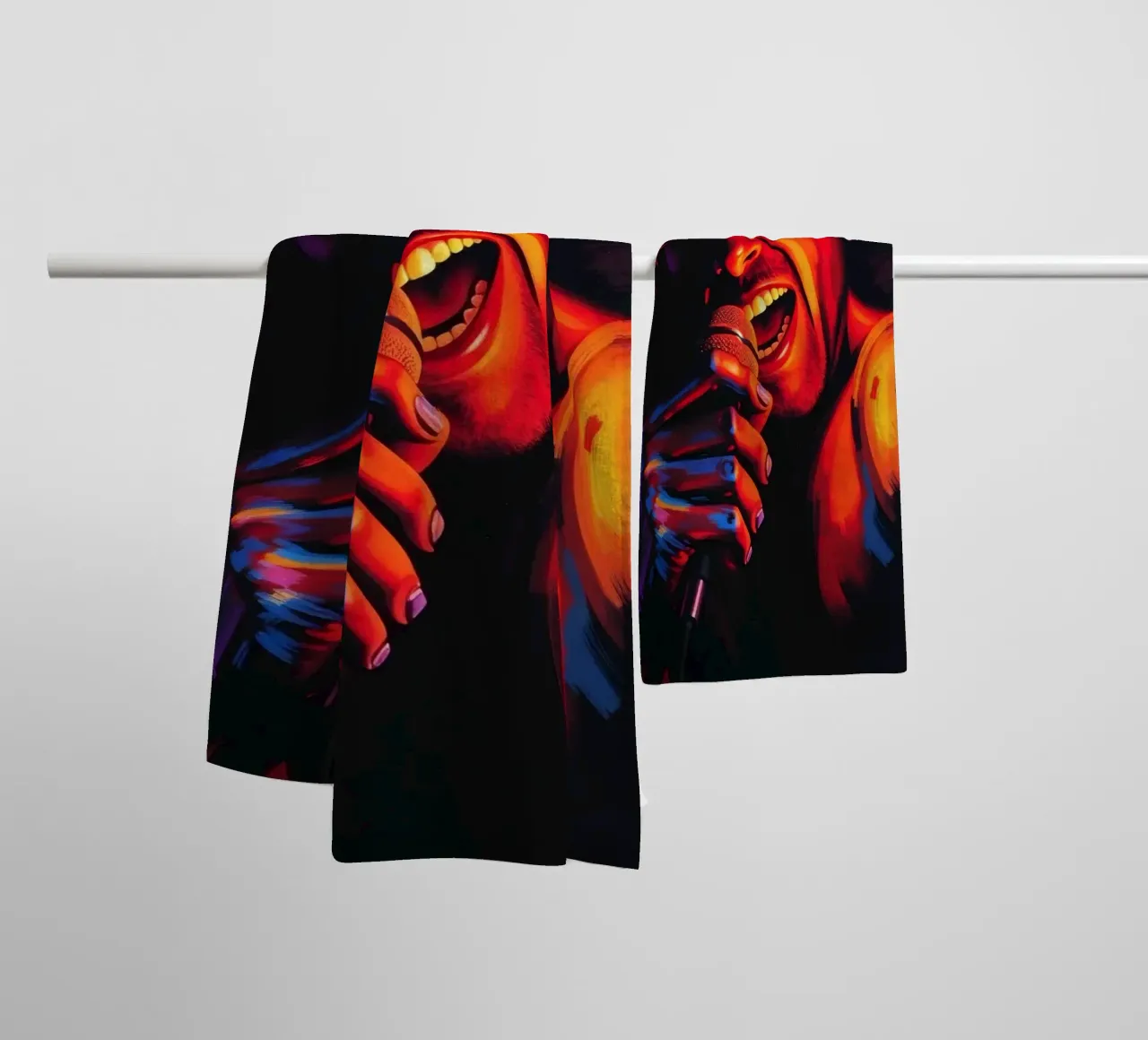 performance d'une chanteuse passionnée, capturée dans une scène intense serviette de bain de DesignDoodle