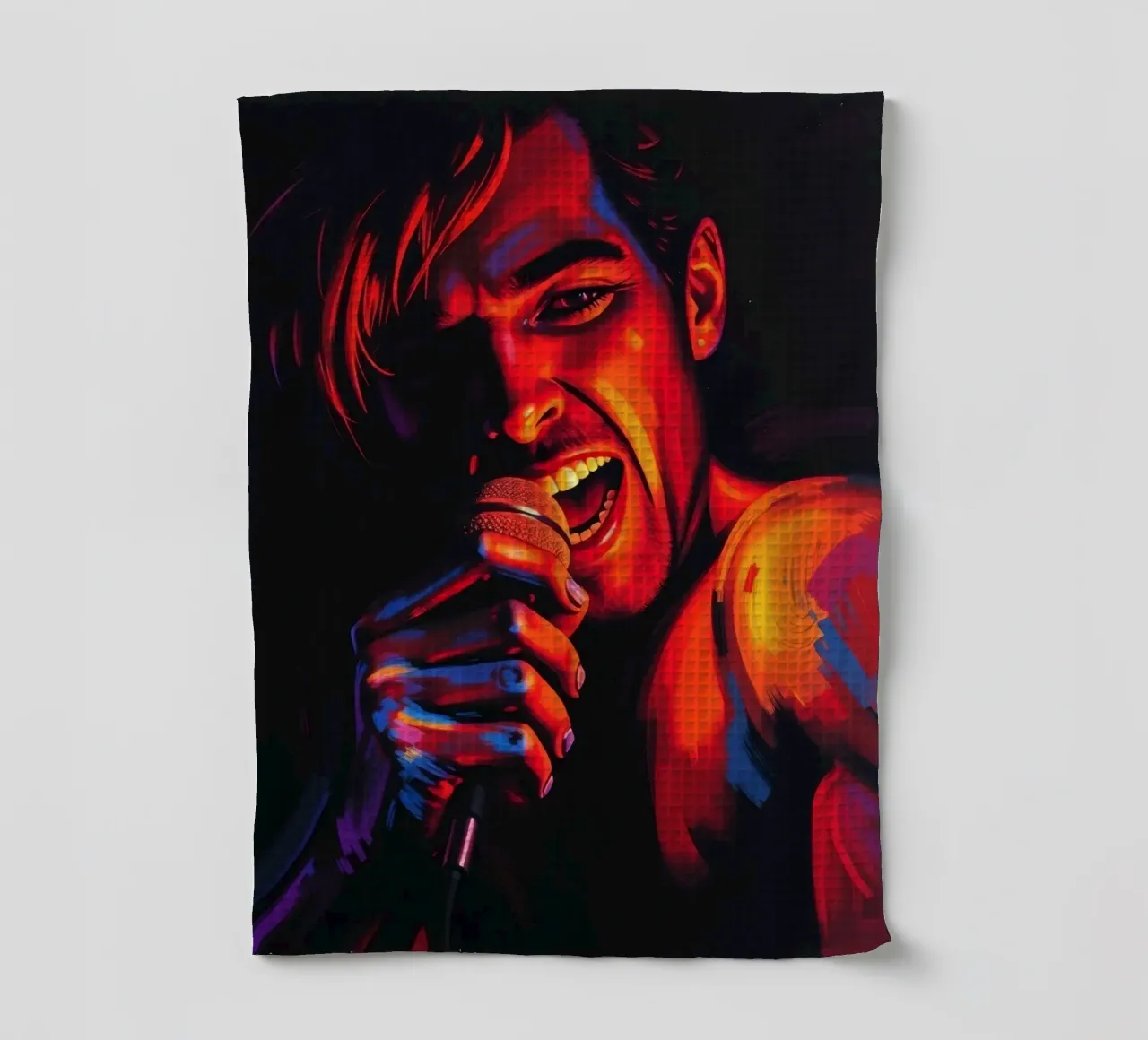 performance d'une chanteuse passionnée, capturée dans une scène intense torchon de DesignDoodle