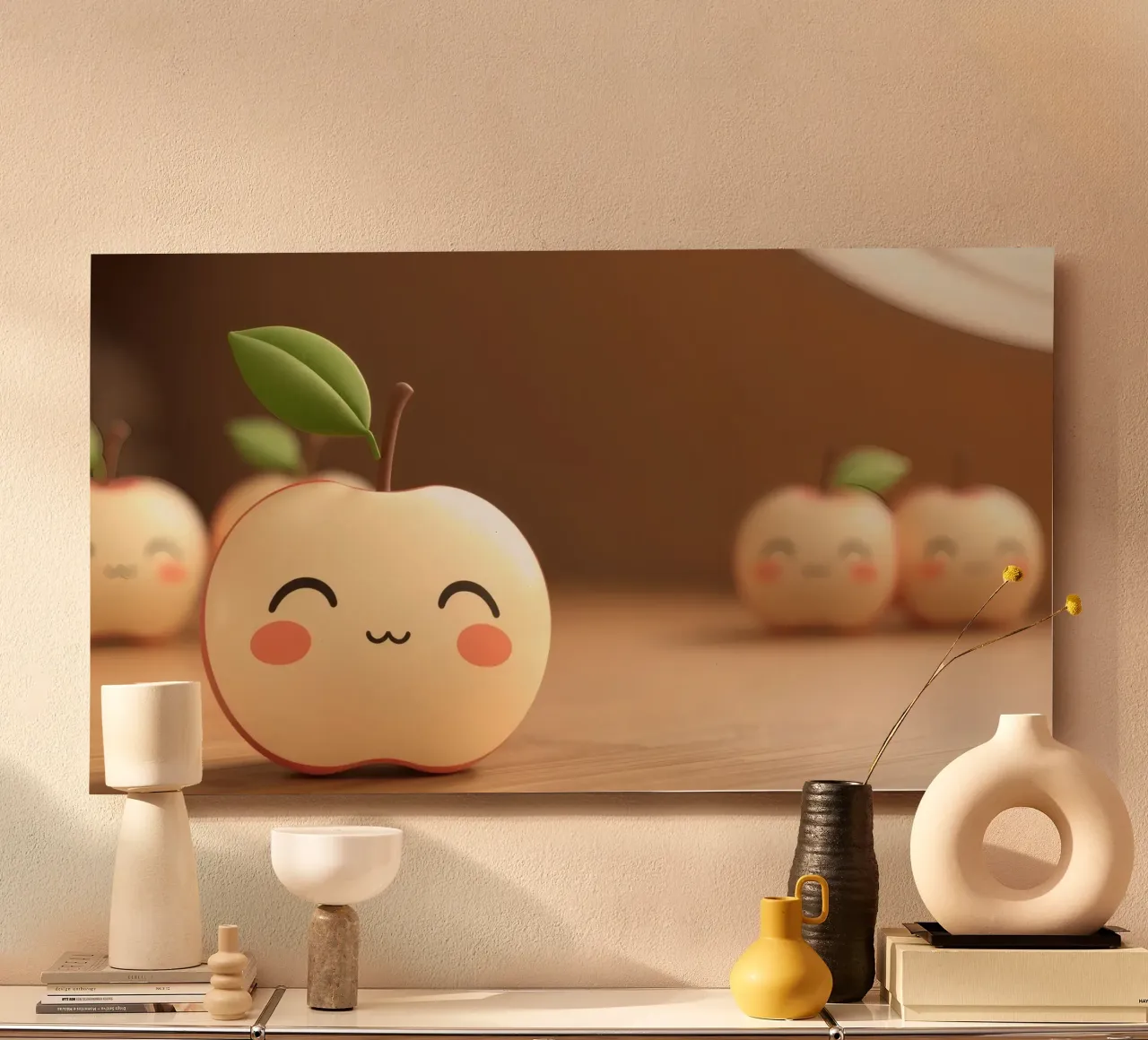 Simpatiche mele dei cartoni animati con facce sorridenti e steli frondosi. alluminio dibond da DesignDoodle