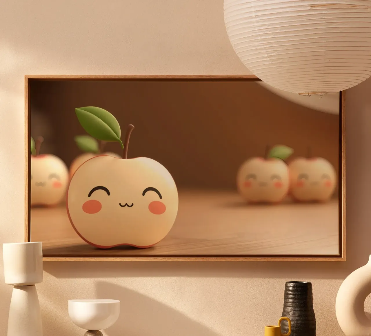 Simpatiche mele dei cartoni animati con facce sorridenti e steli frondosi. tela con Cornice a cassetta da DesignDoodle