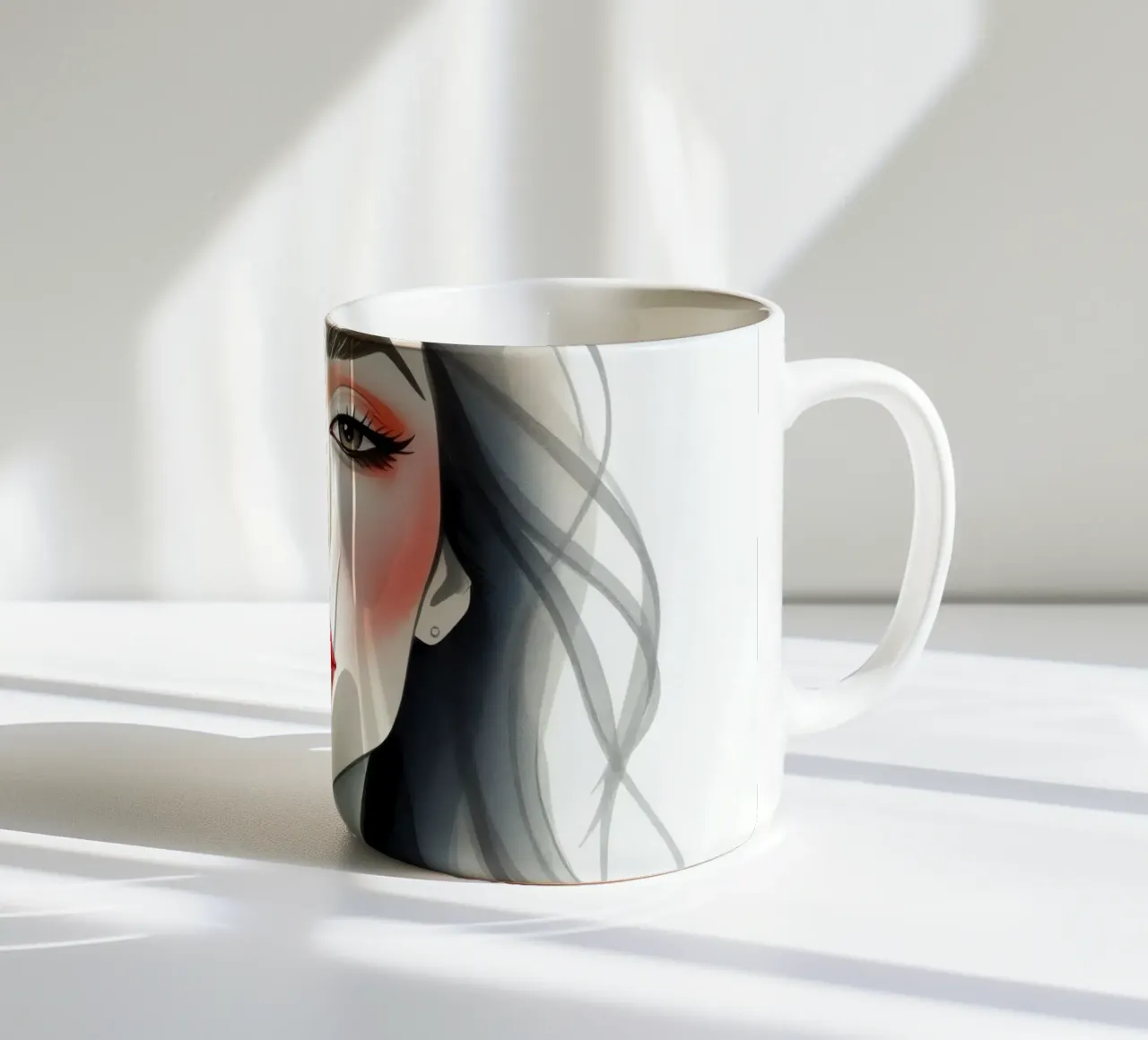 Jonge vrouw met elegante make-up en vloeiend haar keramische mok van DesignDoodle