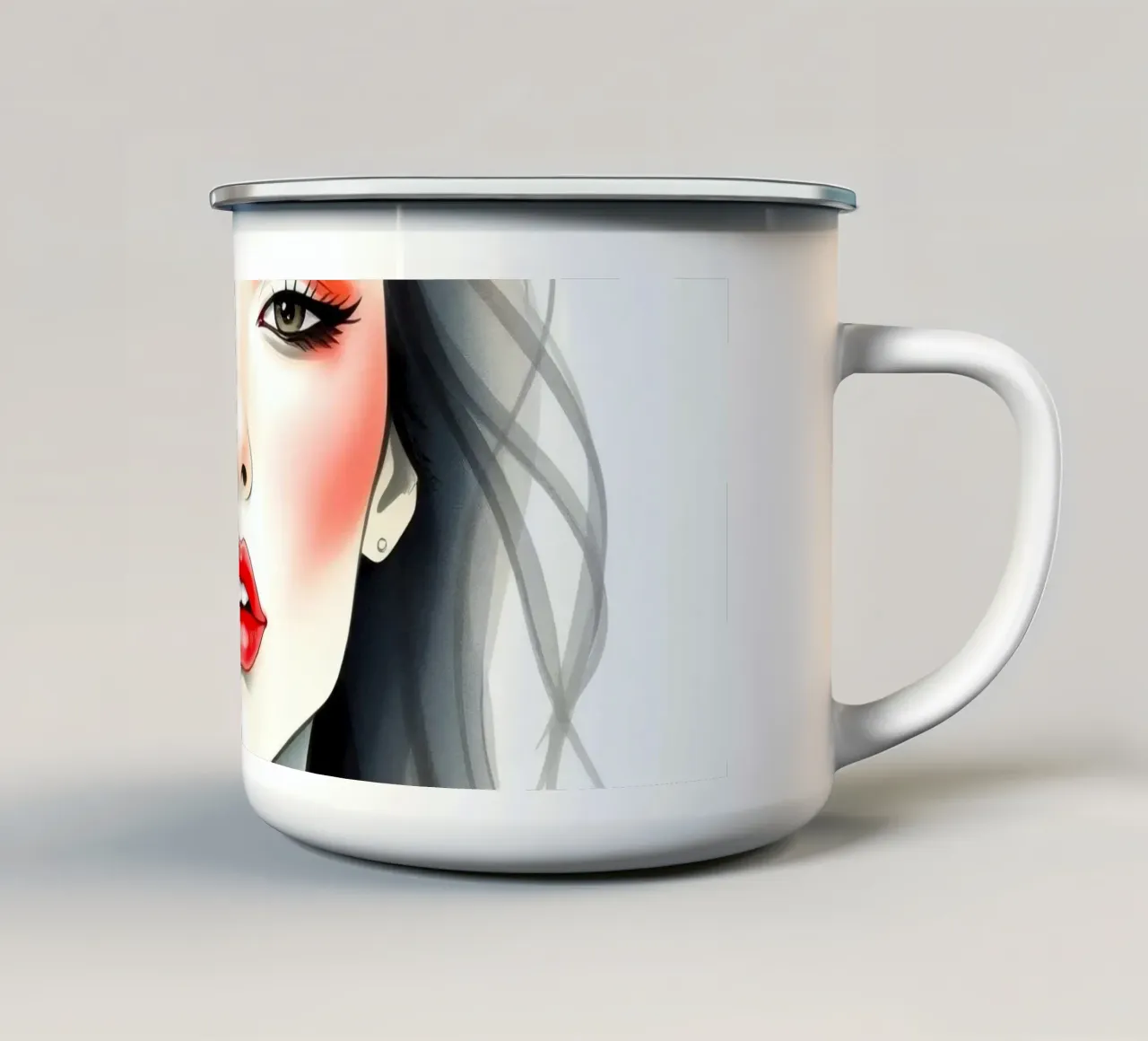 Giovane donna con trucco elegante e capelli fluenti tazza in smalto da DesignDoodle