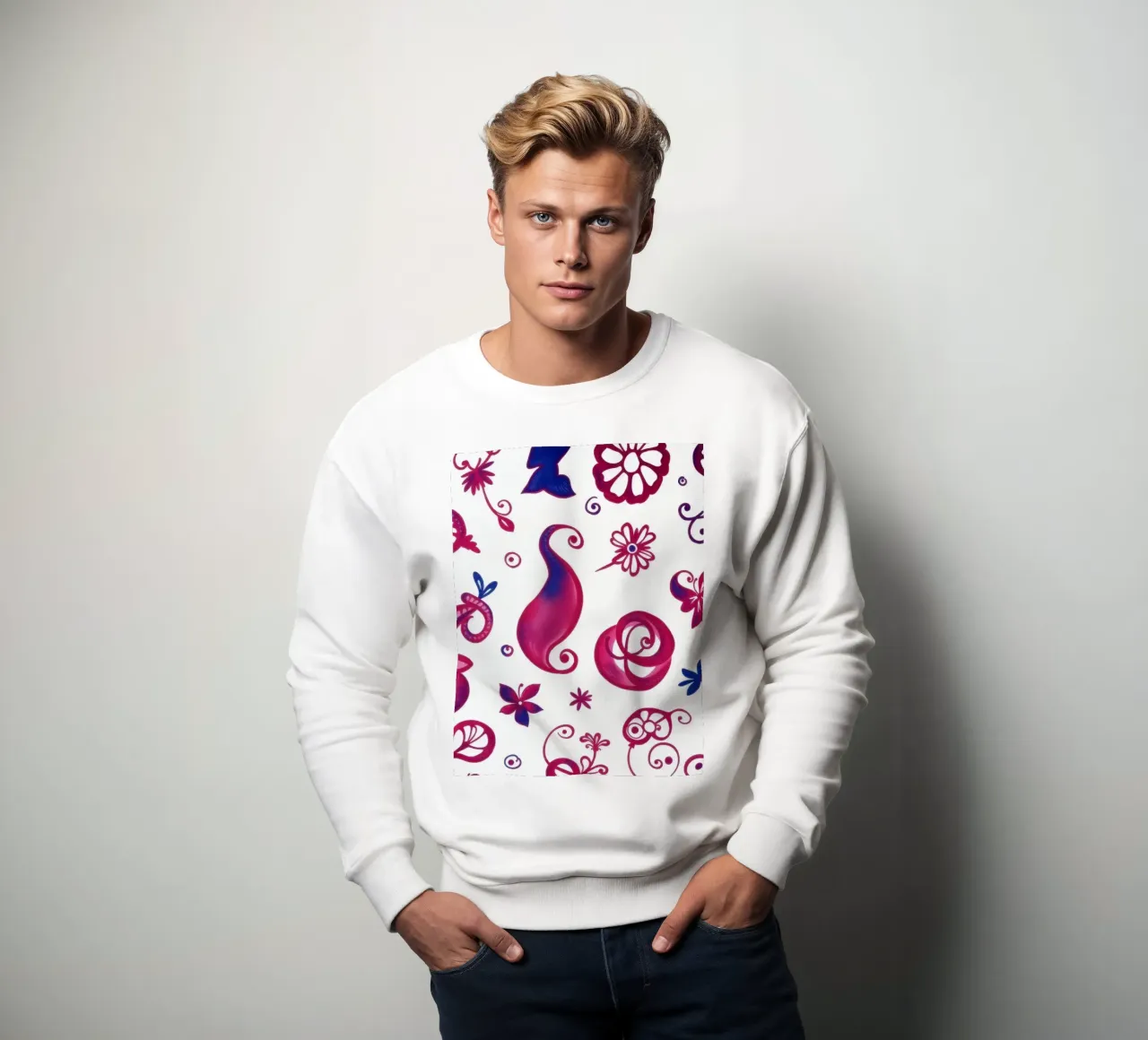 Colorful floral patterns create an artistic background sweatshirt by DesignDoodle