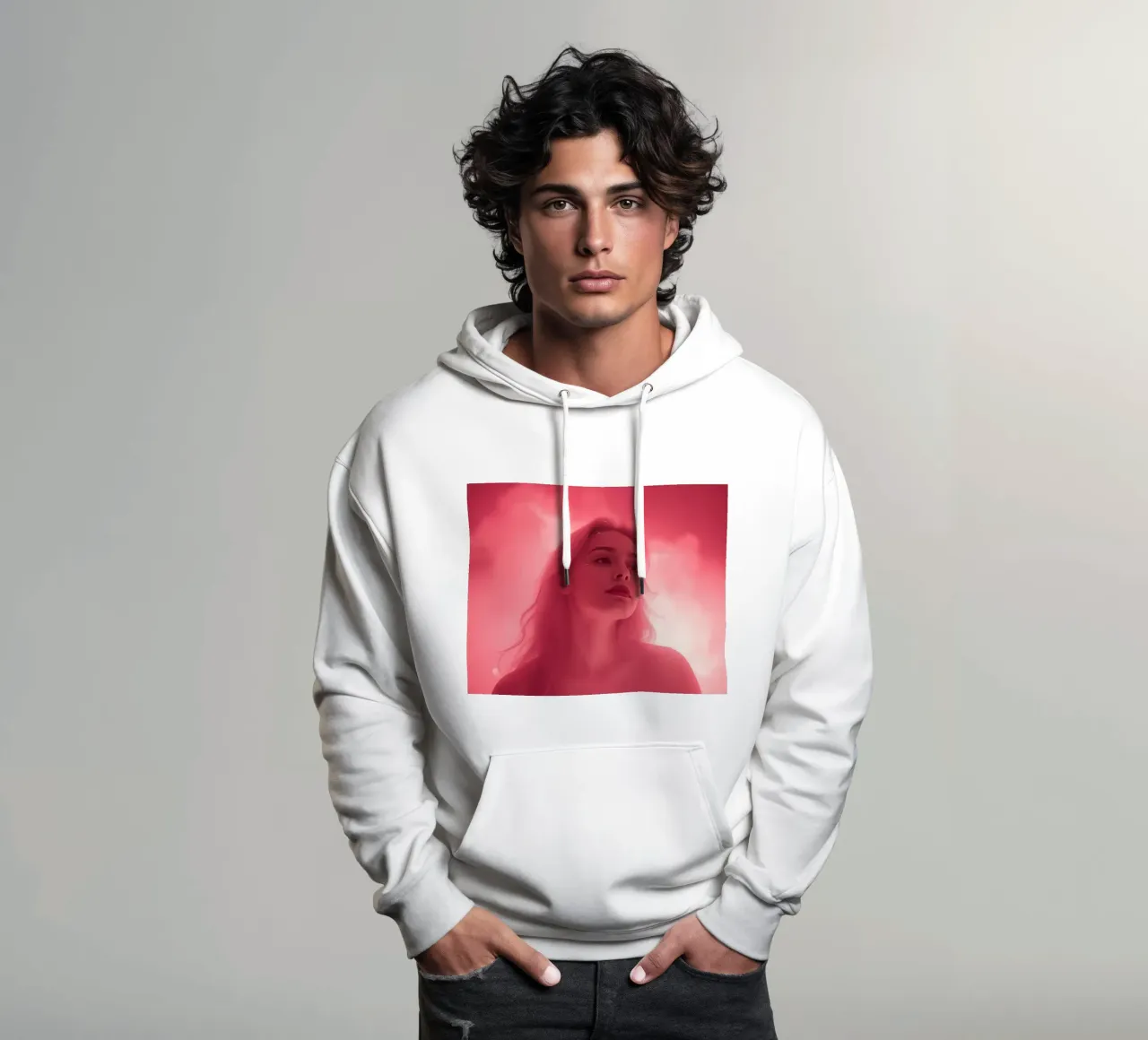 Une lumière rose douce enveloppe une femme aux cheveux longs sweat à capuche de DesignDoodle