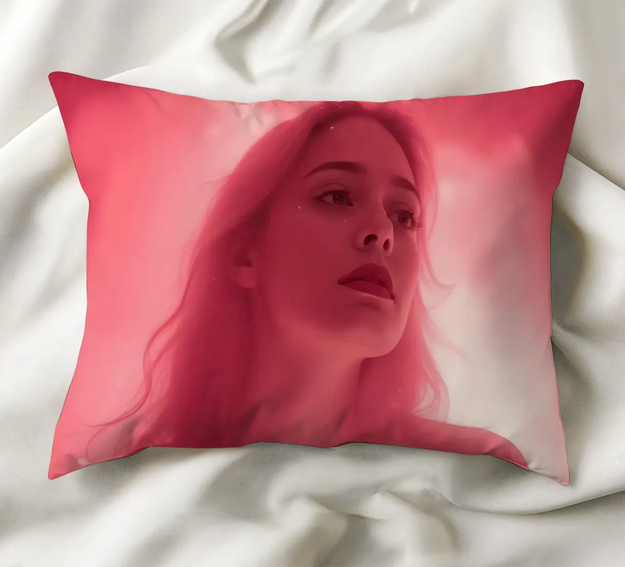 Soft pink light envelops a woman with long hair decorative cushion by DesignDoodle