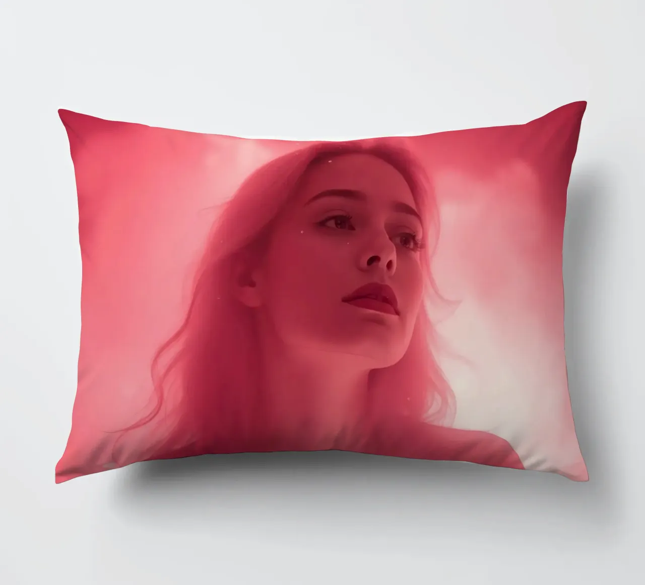 Soft pink light envelops a woman with long hair decorative cushion by DesignDoodle