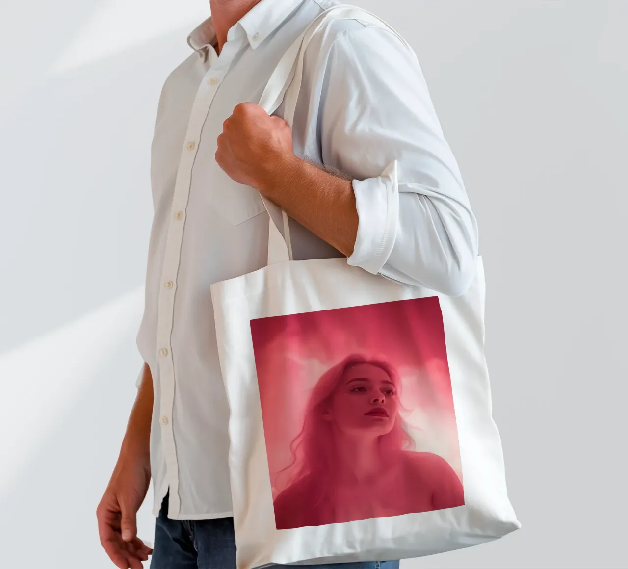 Soft pink light envelops a woman with long hair tote bag by DesignDoodle