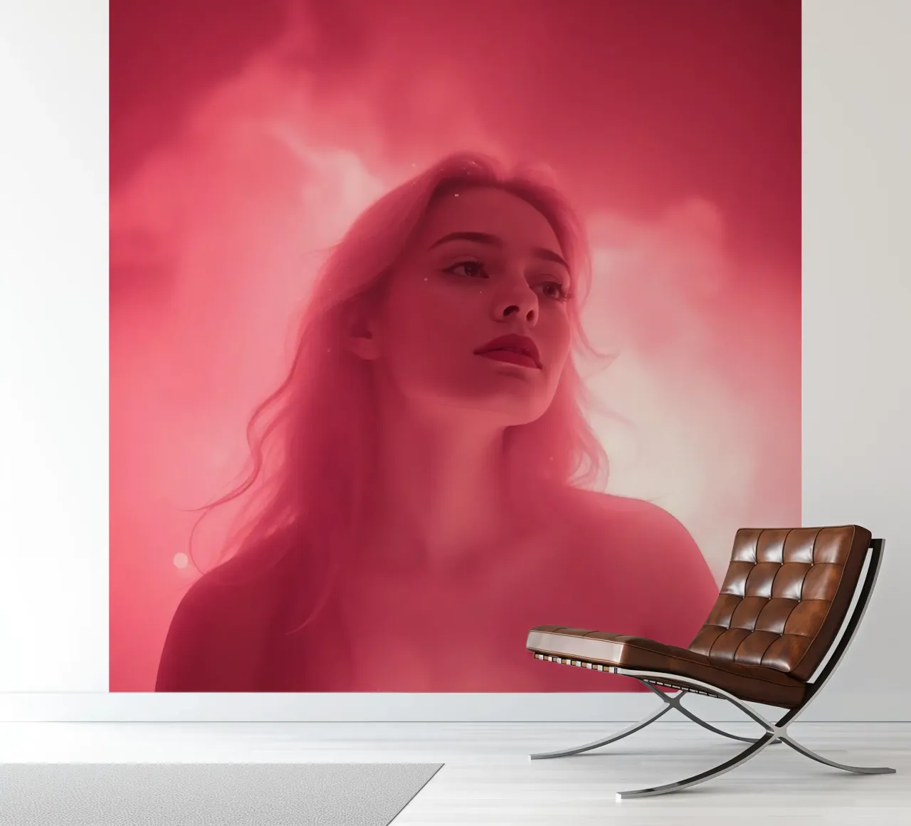 Une lumière rose douce enveloppe une femme aux cheveux longs papier peint photo de DesignDoodle
