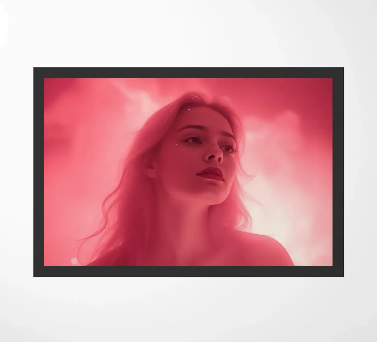 Une lumière rose douce enveloppe une femme aux cheveux longs paillasson de DesignDoodle