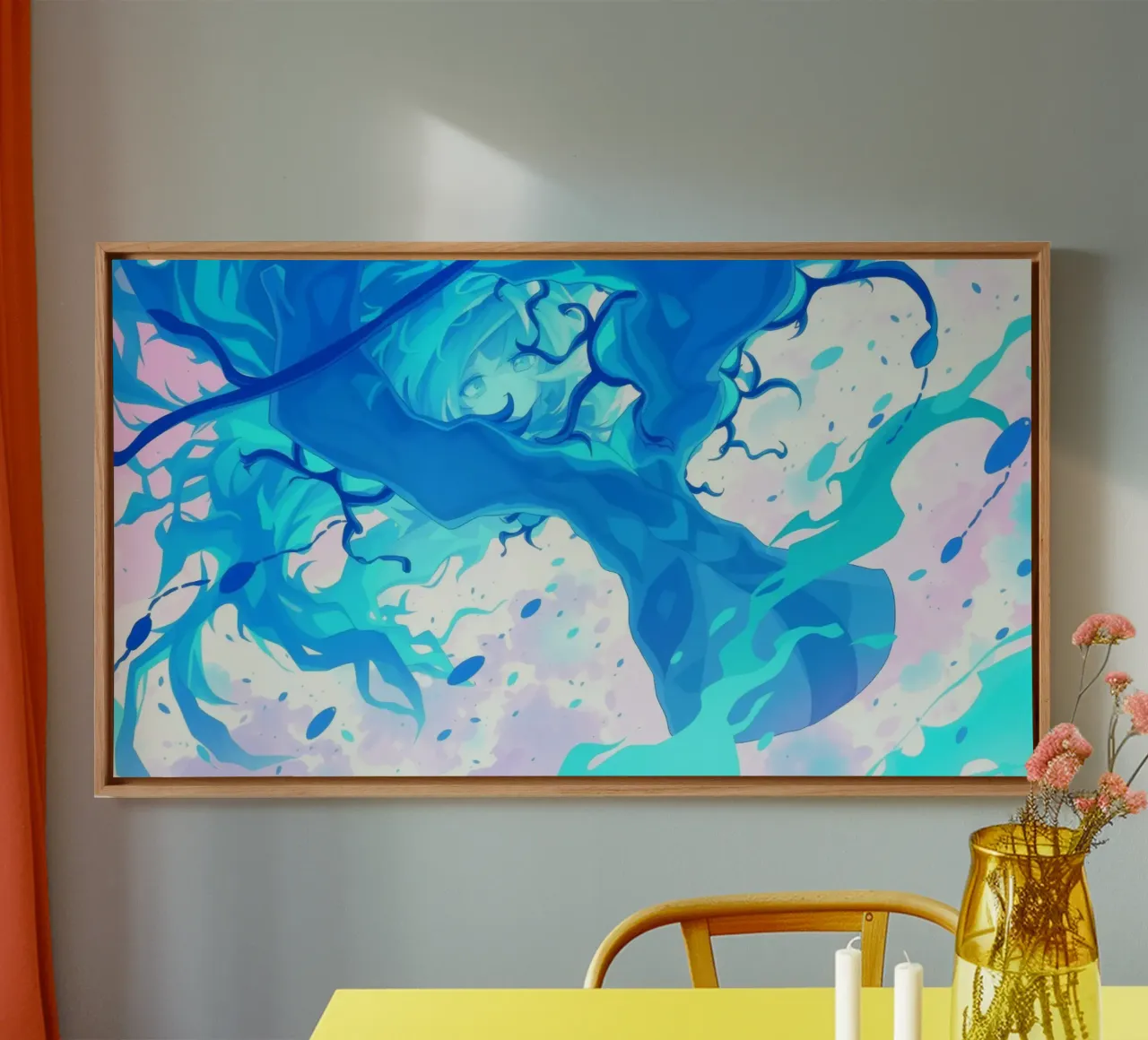 Vibrant underwater fantasy with flowing blue lines canvas with Floater frame by DesignDoodle