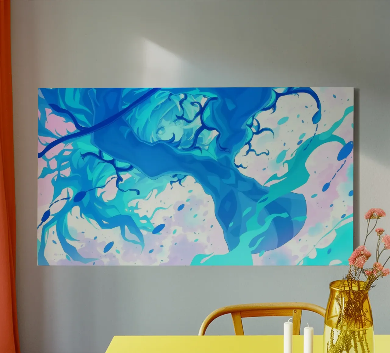 Vibrant underwater fantasy with flowing blue lines canvas with Floater frame by DesignDoodle