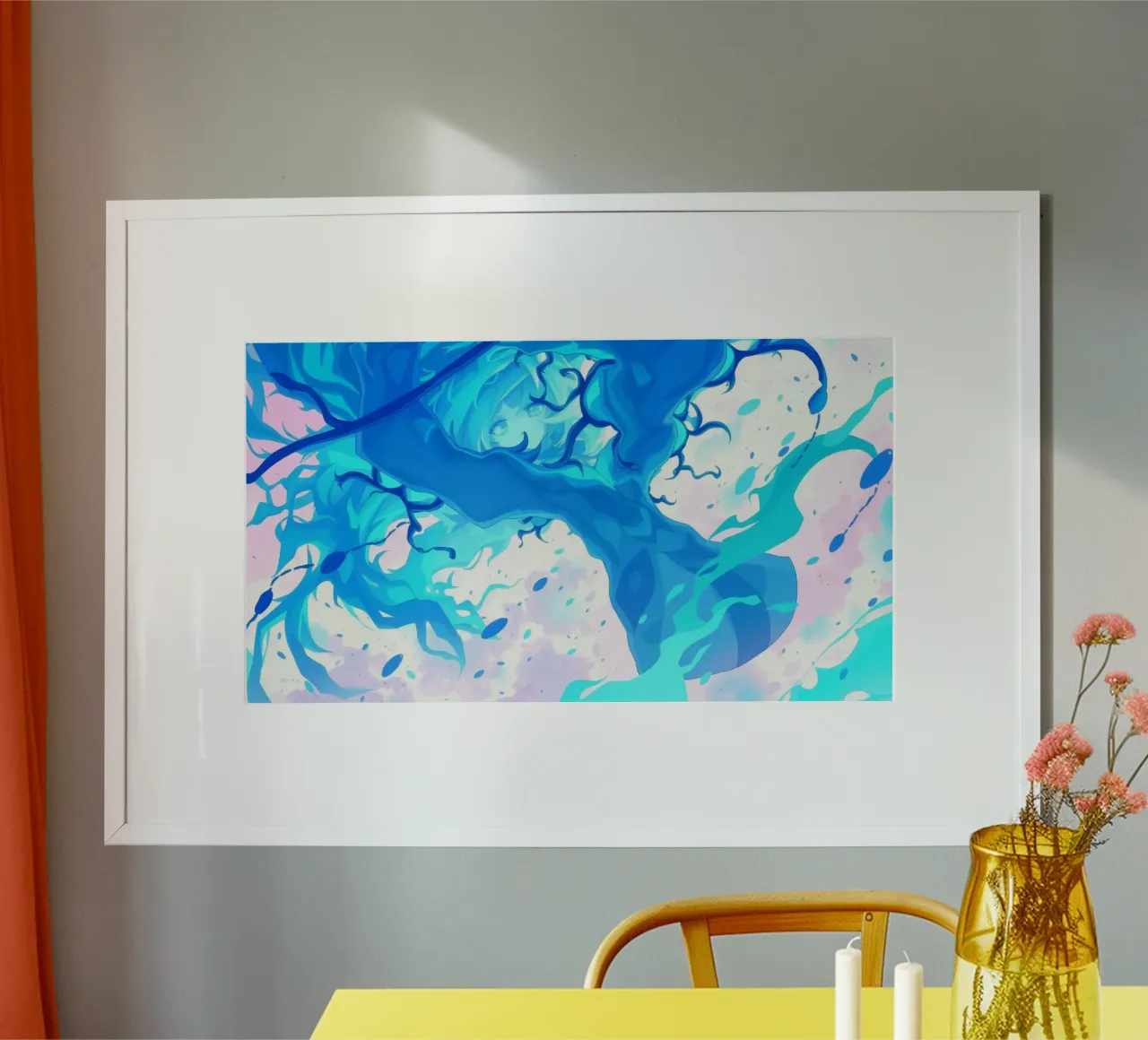 Vibrante fantasia subacquea con linee blu fluide poster con telaio in alluminio da DesignDoodle