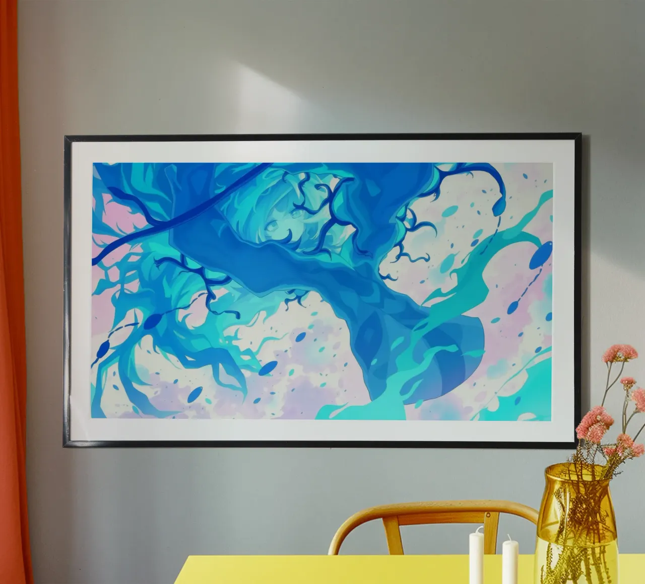 Vibrante fantasia subacquea con linee blu fluide poster con telaio in alluminio da DesignDoodle