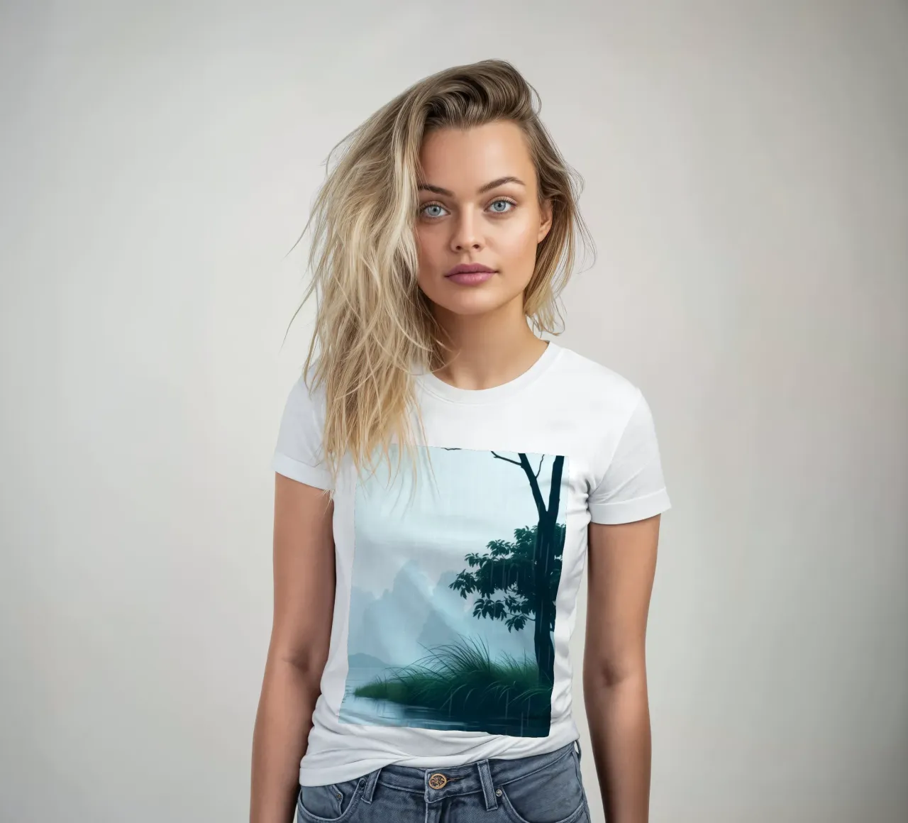 Paesaggio sereno con pioggia che cade su un fiume tranquillo t-shirt da donna da DesignDoodle