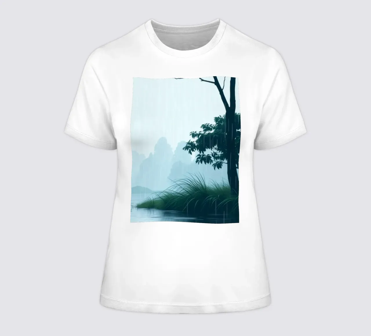 Paesaggio sereno con pioggia che cade su un fiume tranquillo t-shirt da donna da DesignDoodle