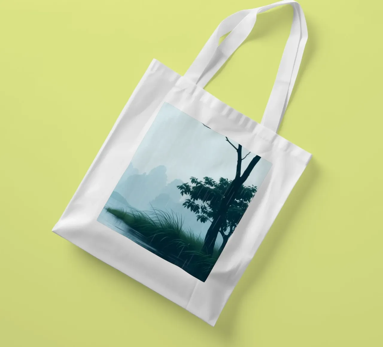 Paesaggio sereno con pioggia che cade su un fiume tranquillo borsa in juta da DesignDoodle