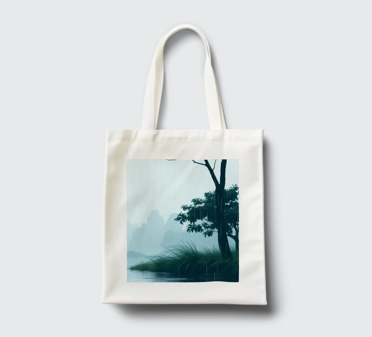 Paesaggio sereno con pioggia che cade su un fiume tranquillo borsa in juta da DesignDoodle