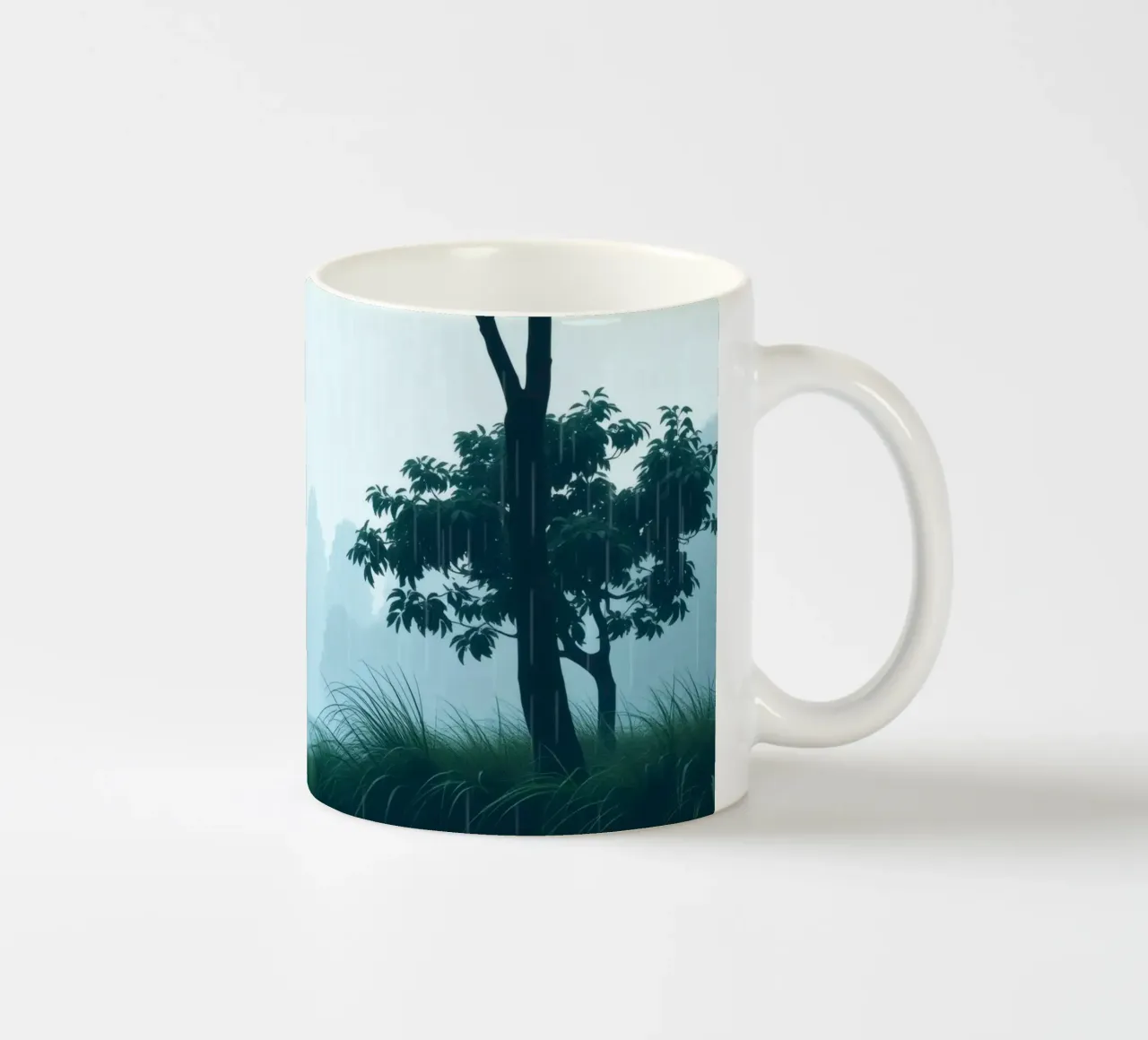 Paesaggio sereno con pioggia che cade su un fiume tranquillo tazza in ceramica da DesignDoodle
