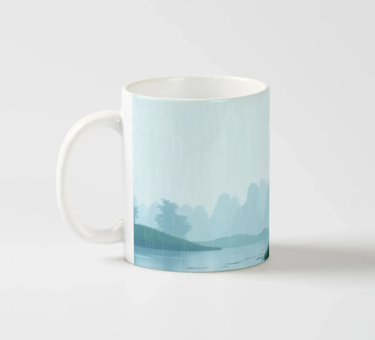 Paesaggio sereno con pioggia che cade su un fiume tranquillo tazza in ceramica da DesignDoodle